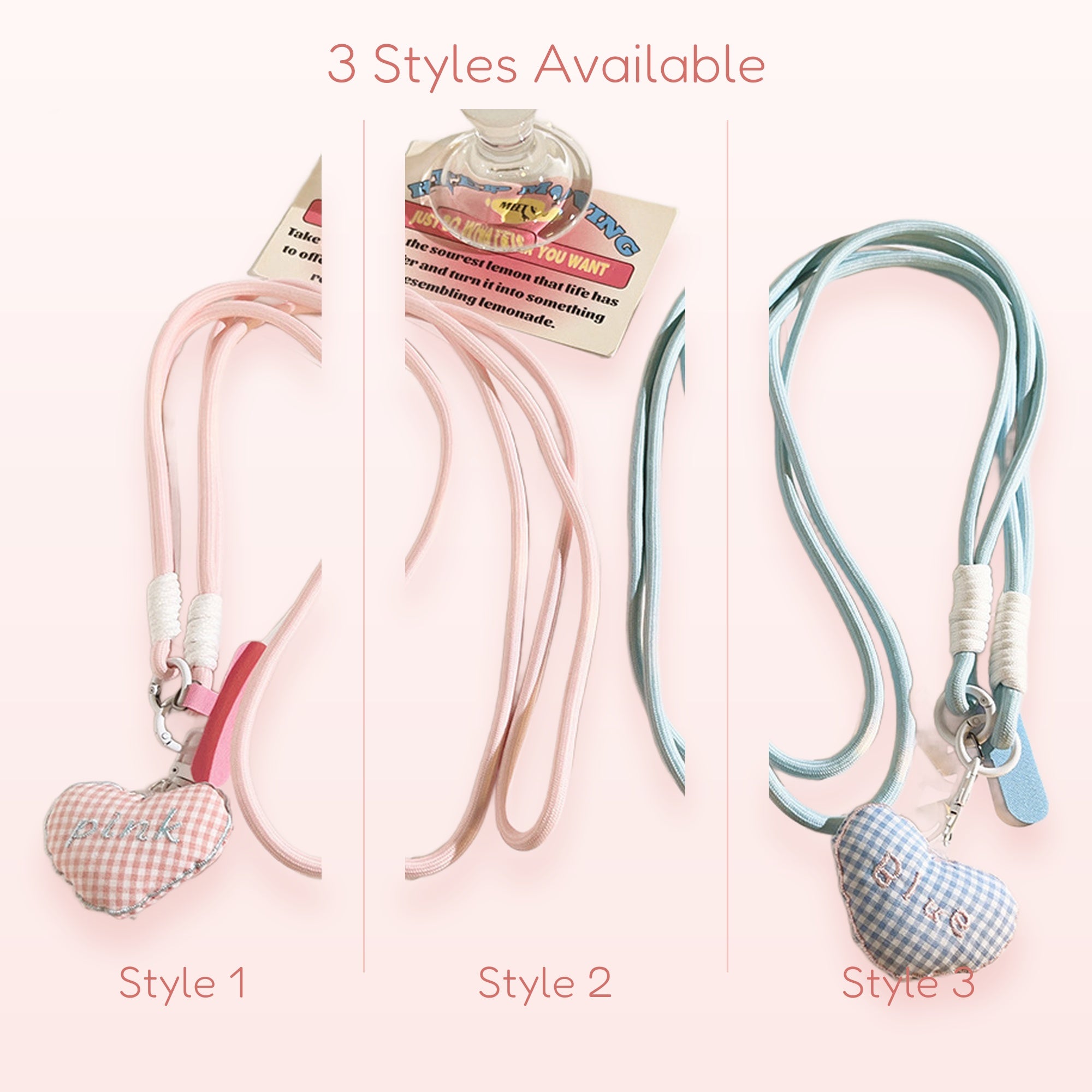 Kawaii Gingham Heart Phone Lanyard | Pastel Pink & Blue Crossbody Strap