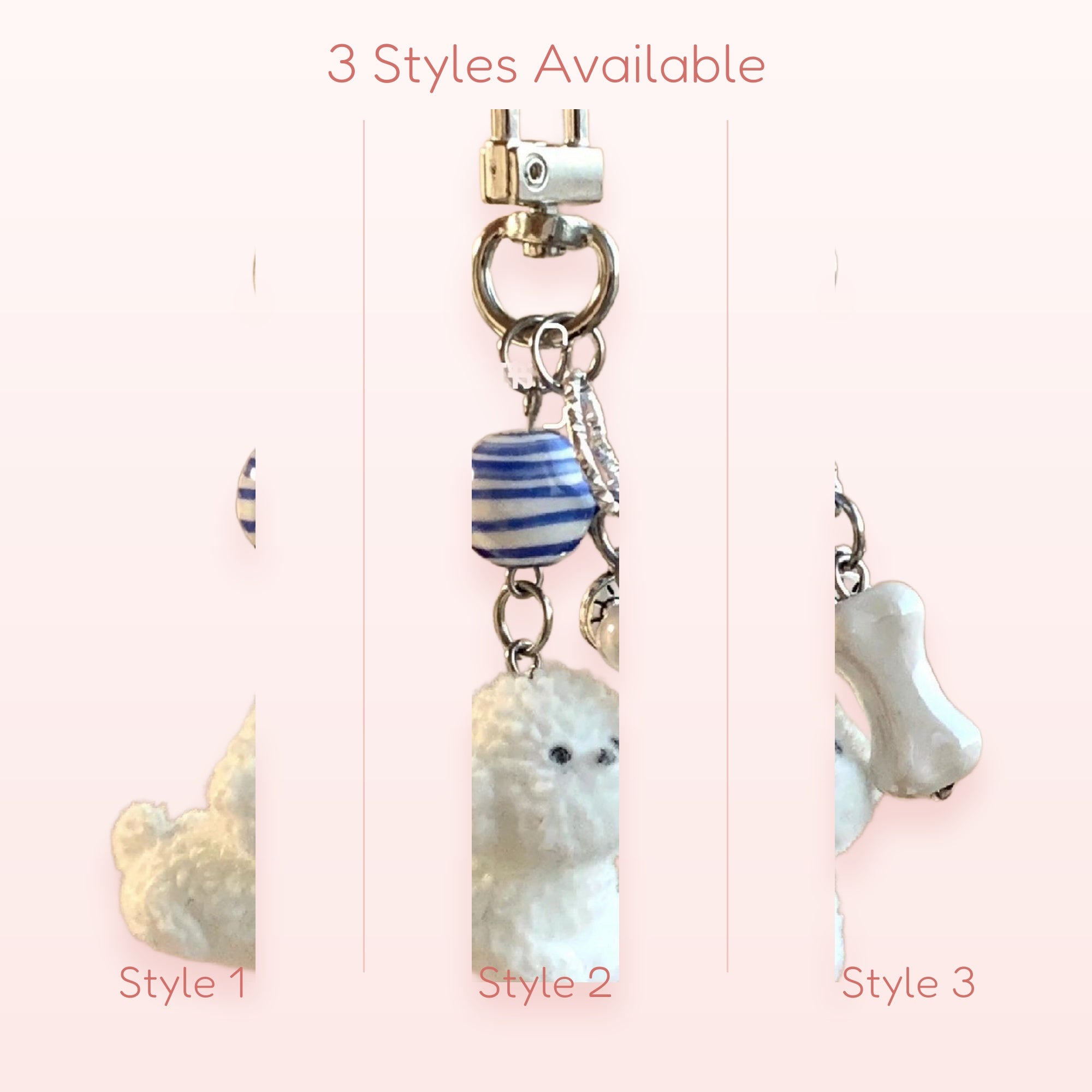 Cute White Poodle & Bone Phone Charm | Blue Striped Bead Keychain