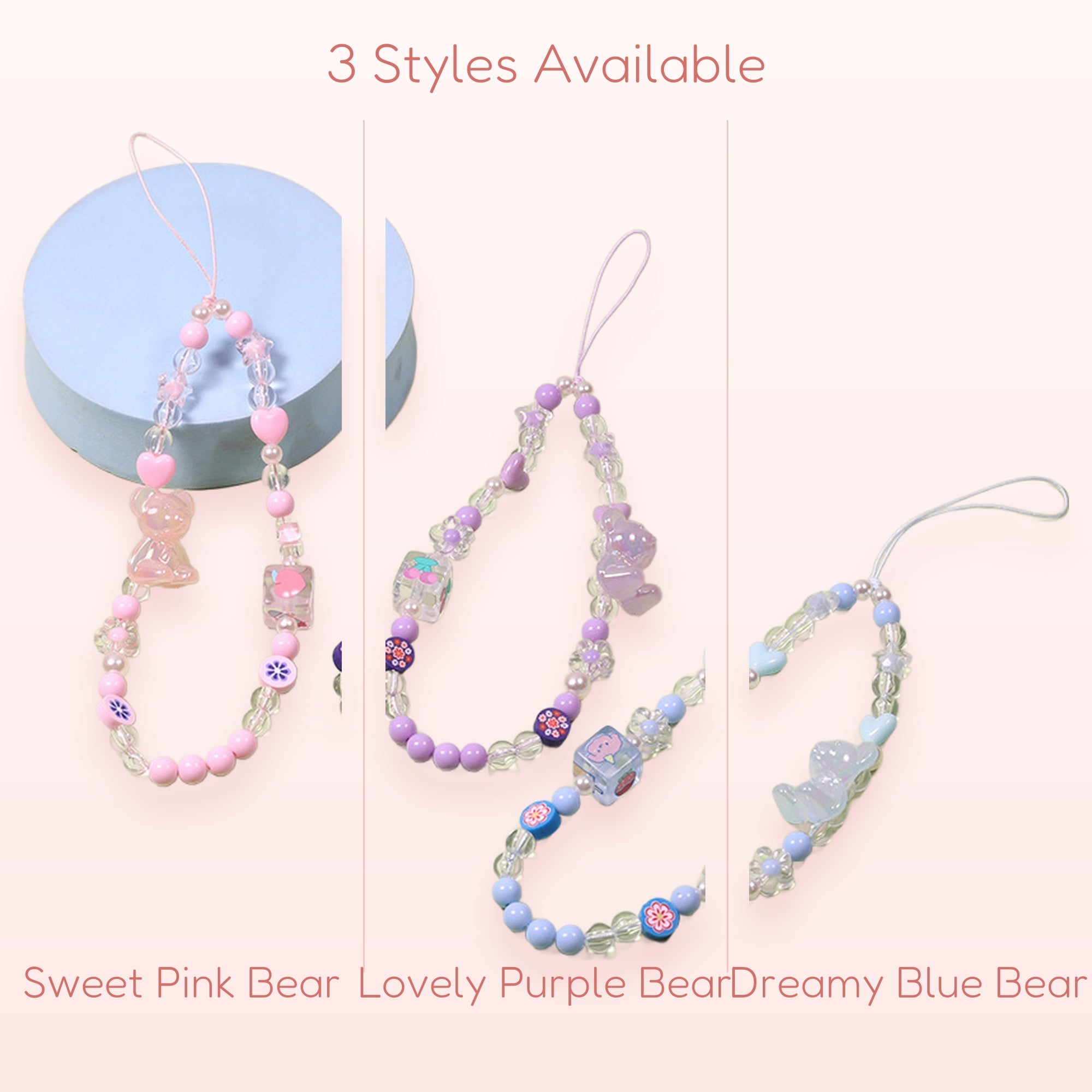 Kawaii Bear Bead Phone Charm Strap | Pastel Crystal Wrist Lanyard