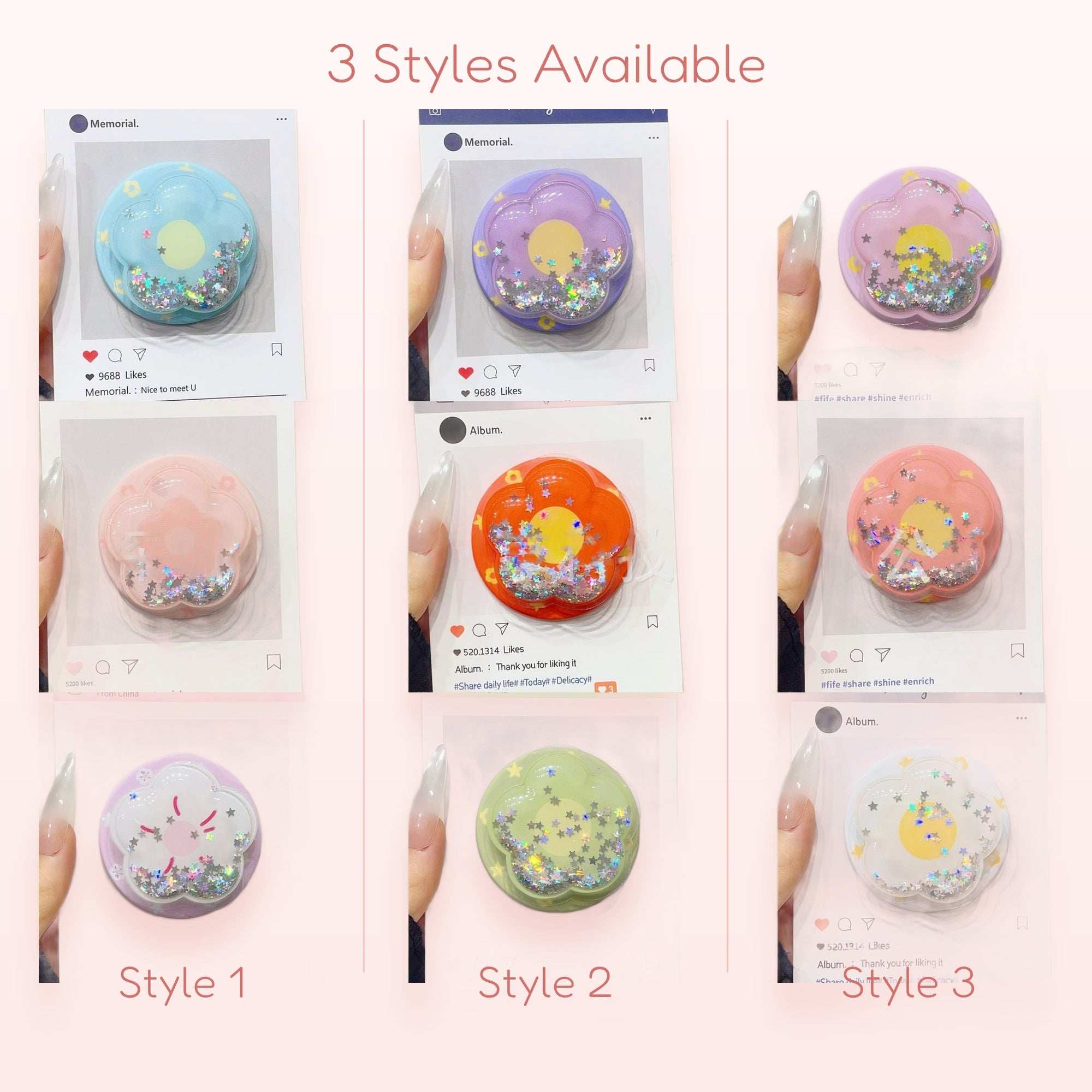 Kawaii Glitter Flower Phone Grip | Pastel Shaker Pop Socket Stand