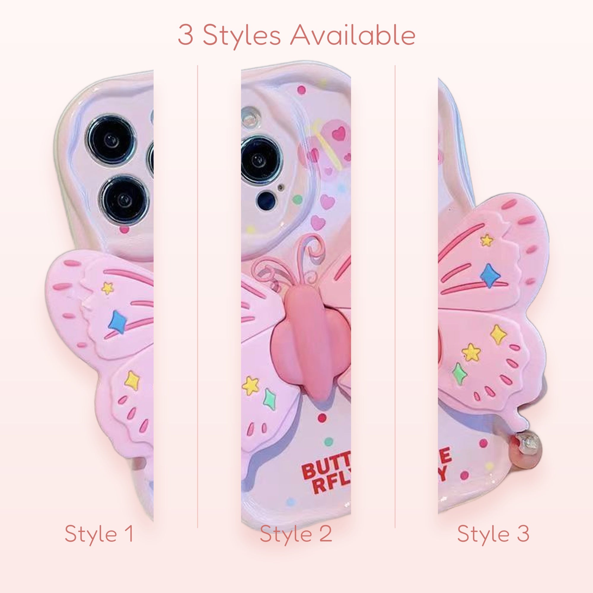 Pink Butterfly Phone Grip | Kawaii 3D Pop Socket Stand with Confetti Hearts