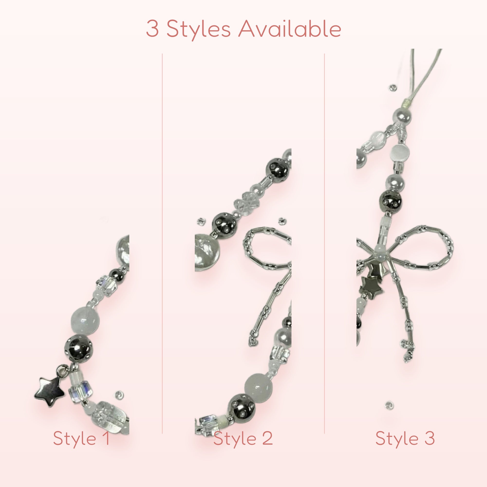 Aesthetic Silver & White Beaded Phone Charm | Star & Bow Wrist Strap