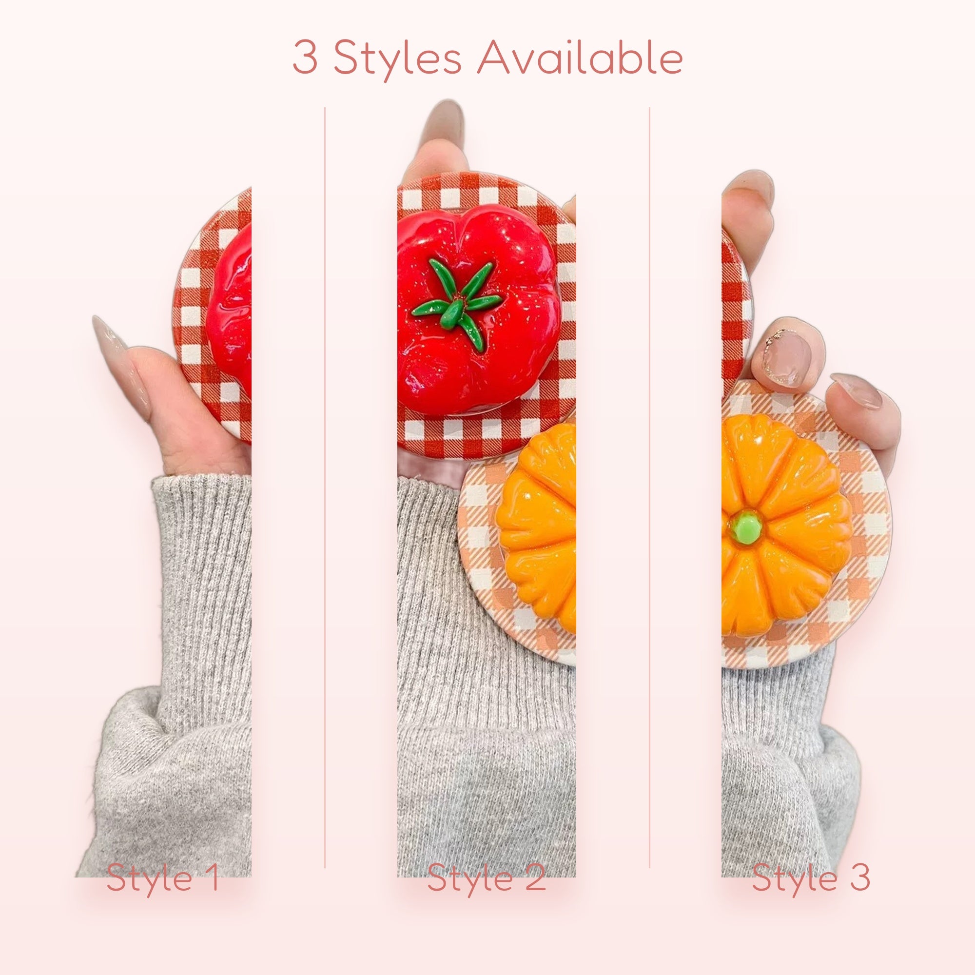 Cute Tomato & Pumpkin Phone Grip | Kawaii Gingham Pop Socket Stand