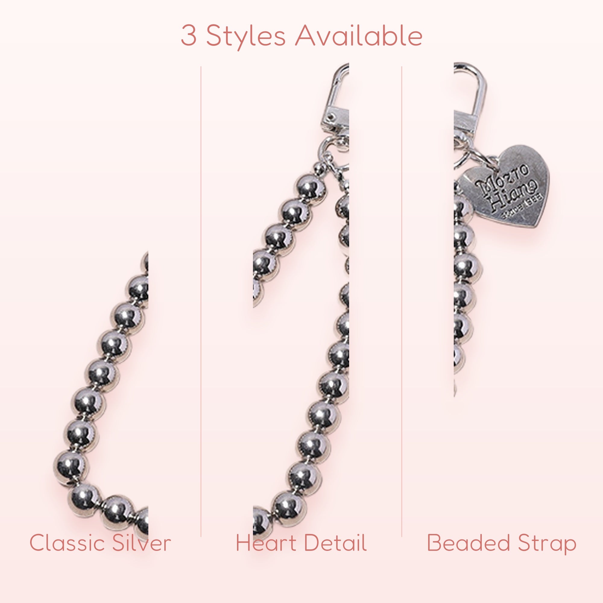 Silver Bead Phone Charm Strap | Cute Heart Keychain Lanyard