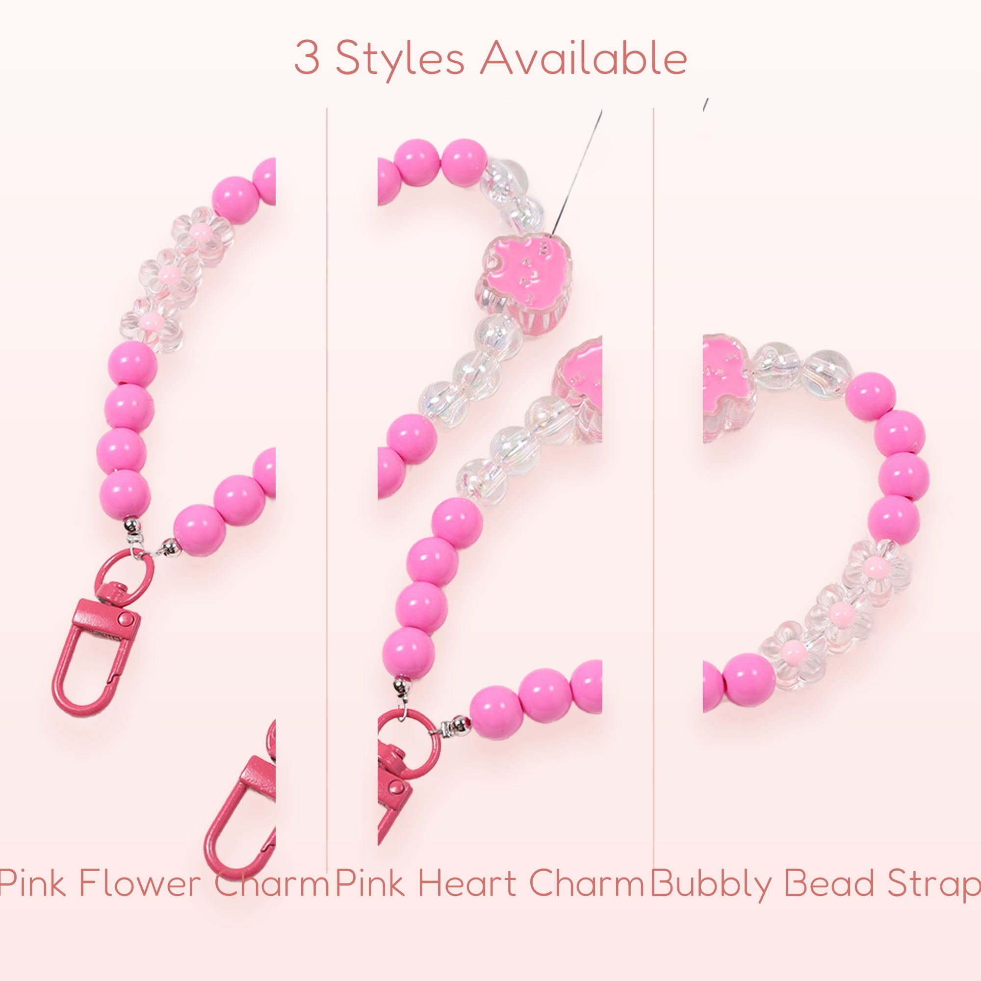 Pink Beaded Phone Charm Strap | Kawaii Wrist Lanyard with Flowers