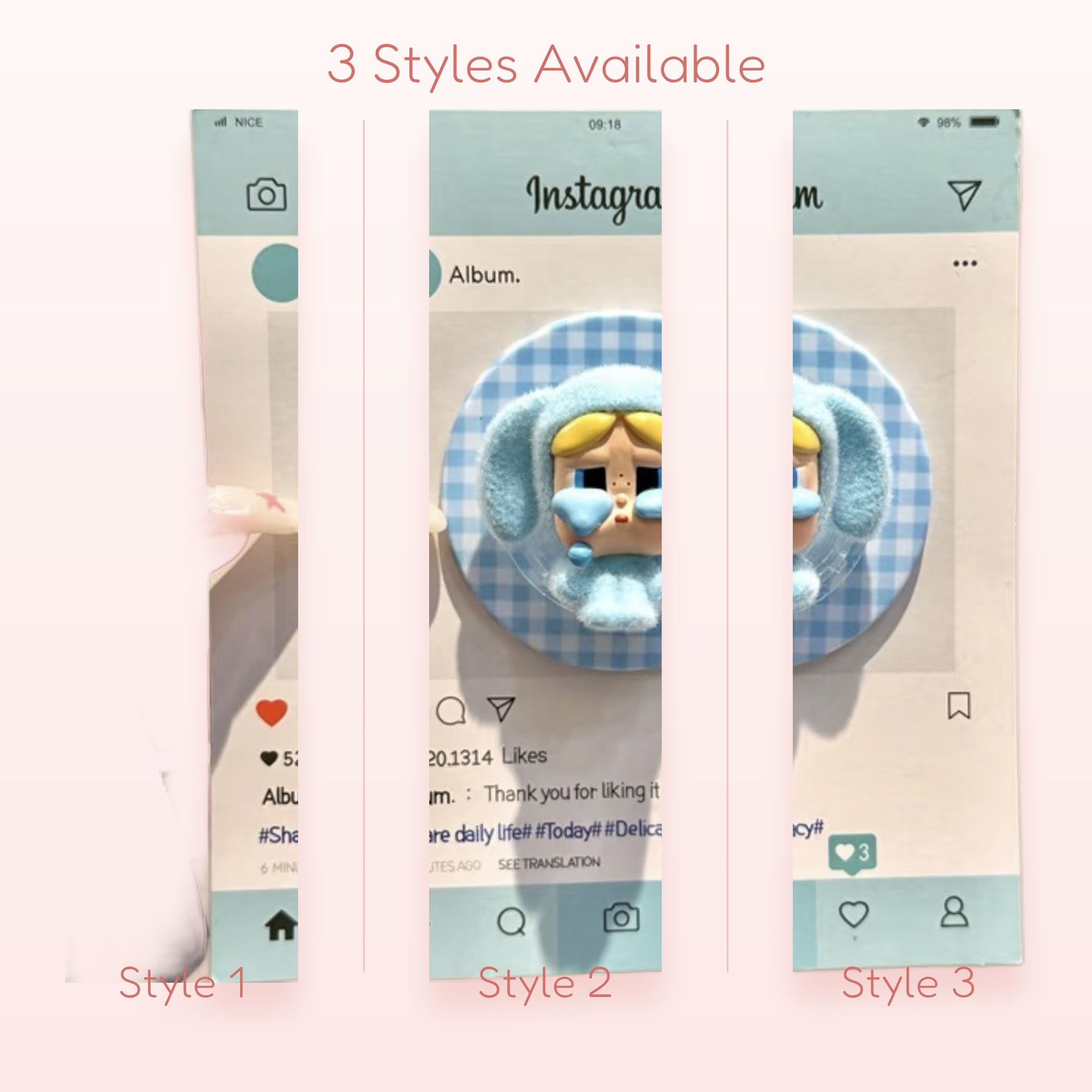 Kawaii Blue Crying Character Phone Grip | Aesthetic Plaid Pop Socket Stand
