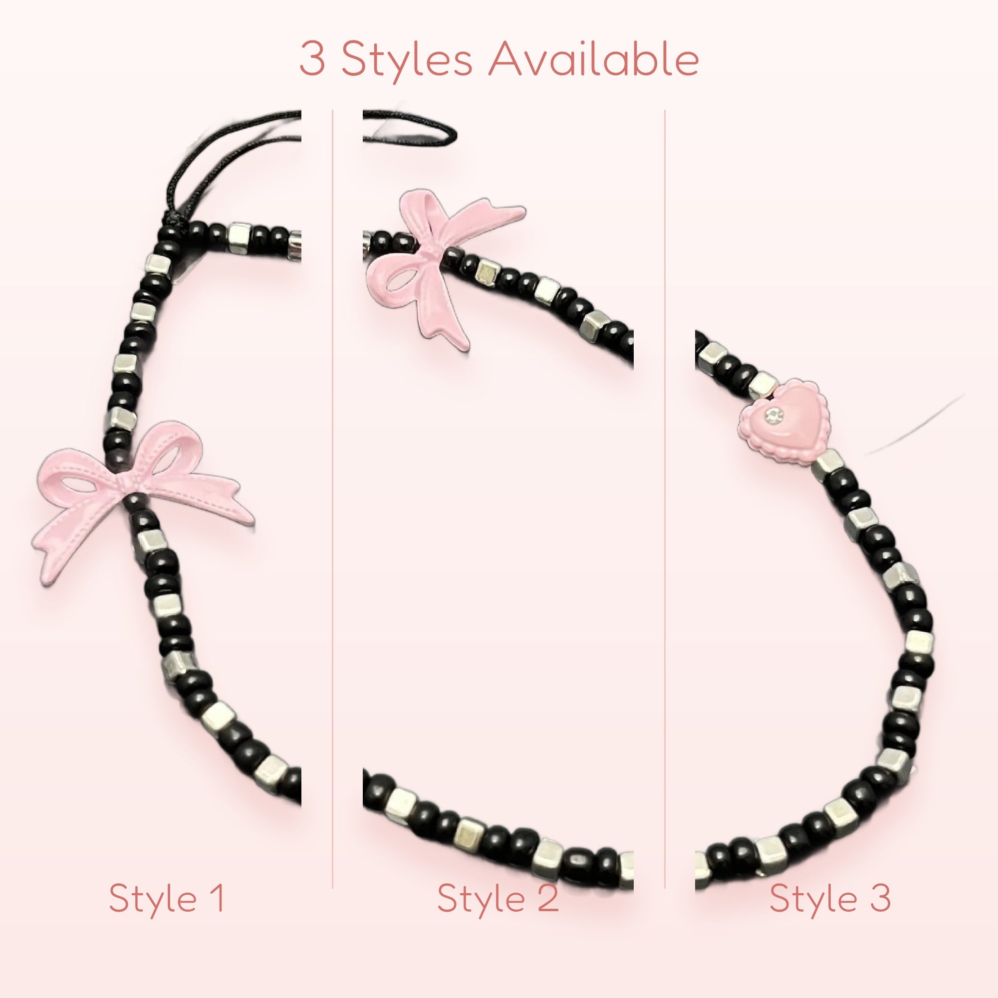 Y2K Black & Silver Beaded Phone Charm | Pink Bow & Heart Wrist Strap