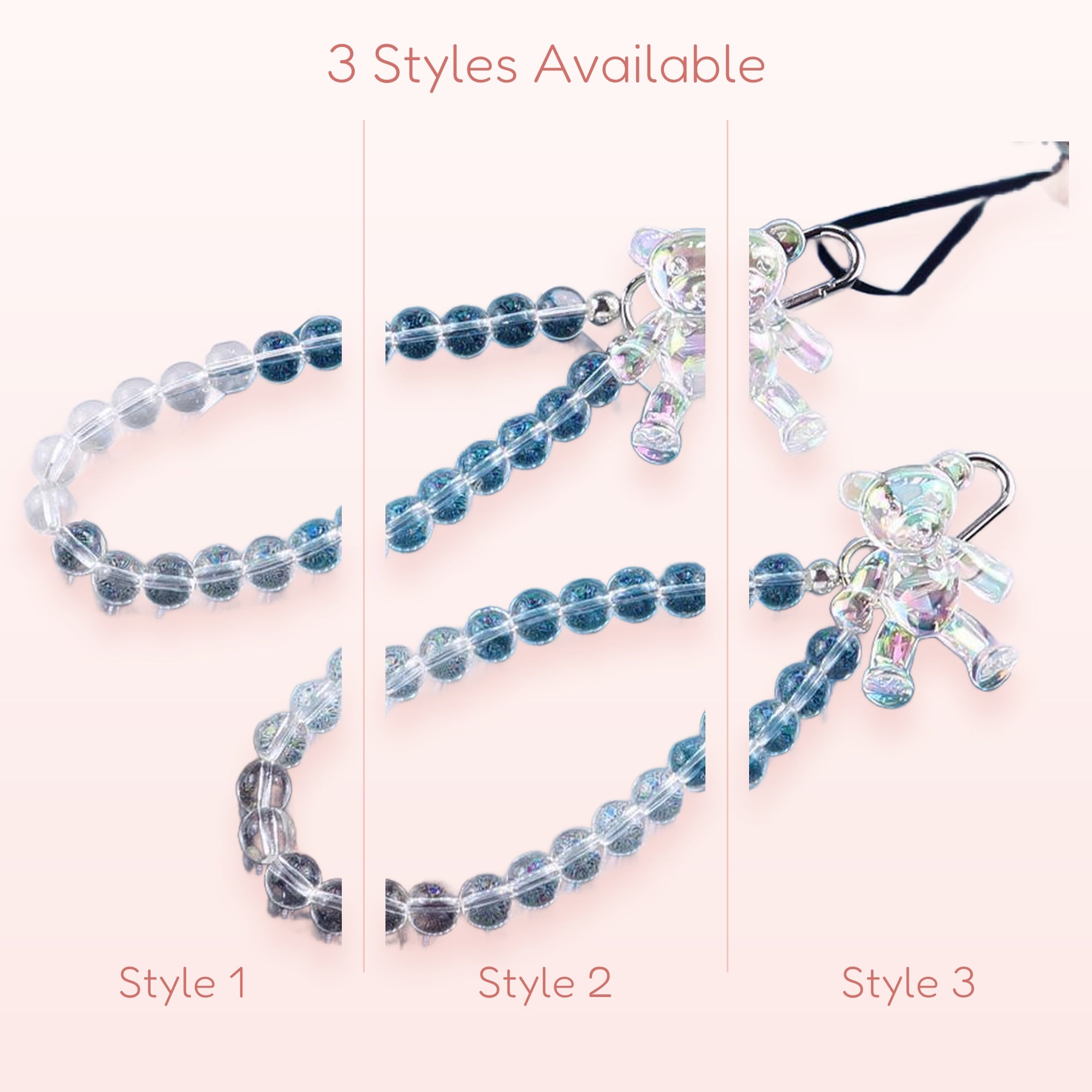 Iridescent Bear Phone Charm Strap | Crystal Bead Wrist Lanyard