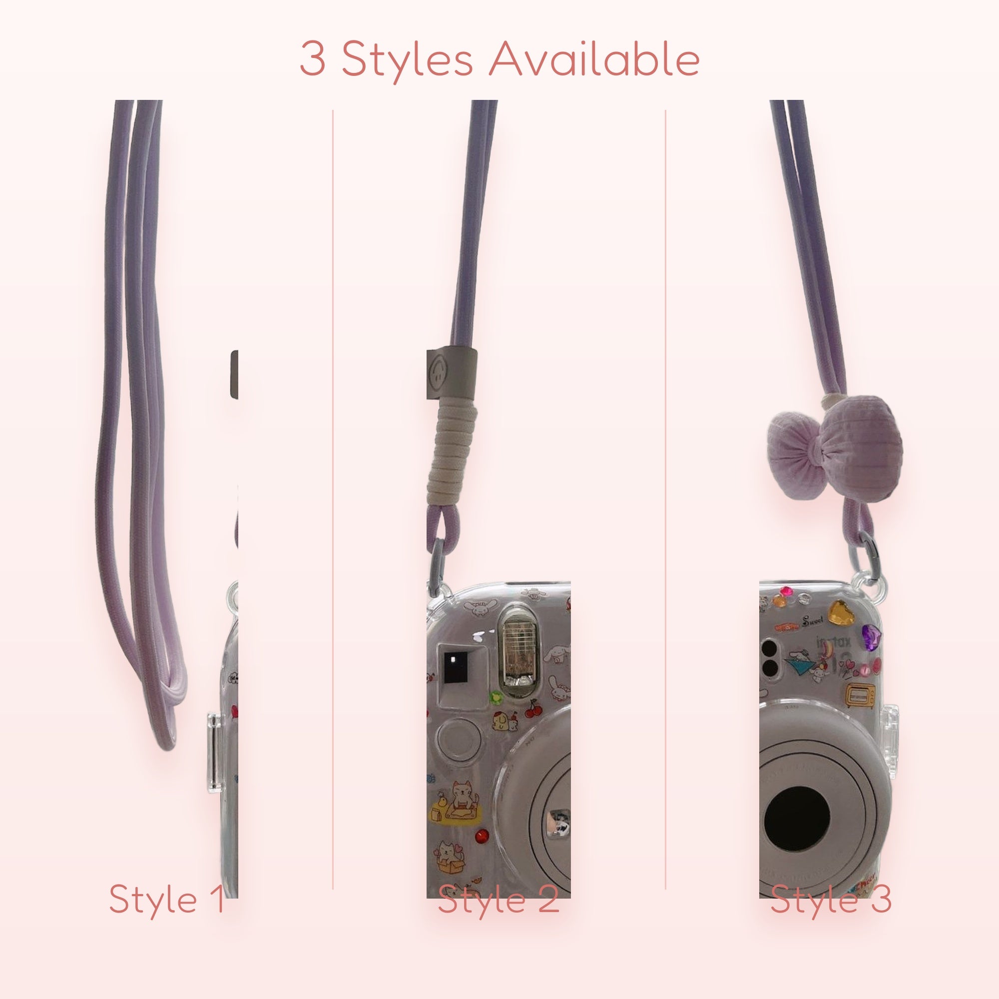 Kawaii Pastel Purple Camera Lanyard | Cute Bow & Sticker Instax Mini Strap