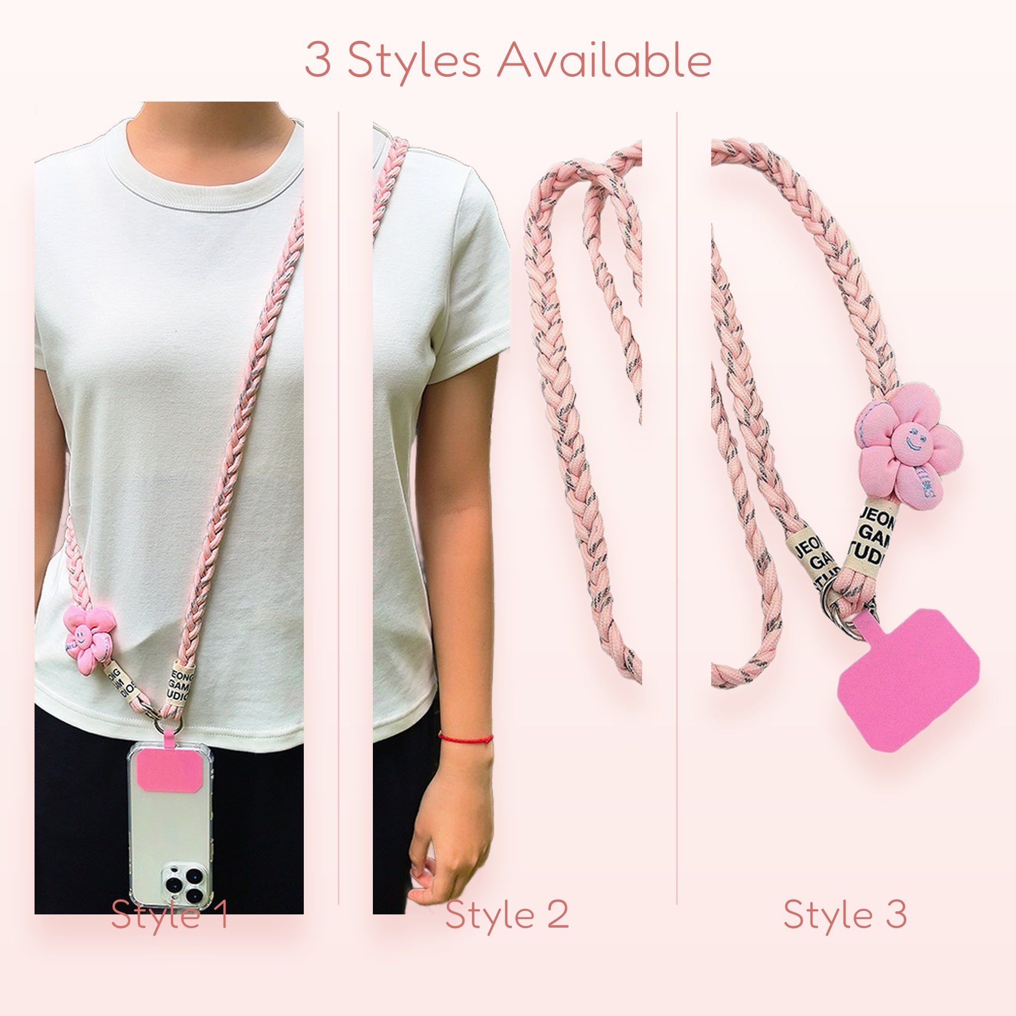 Cute Pink Braided Phone Lanyard | Kawaii Flower Crossbody Phone Strap