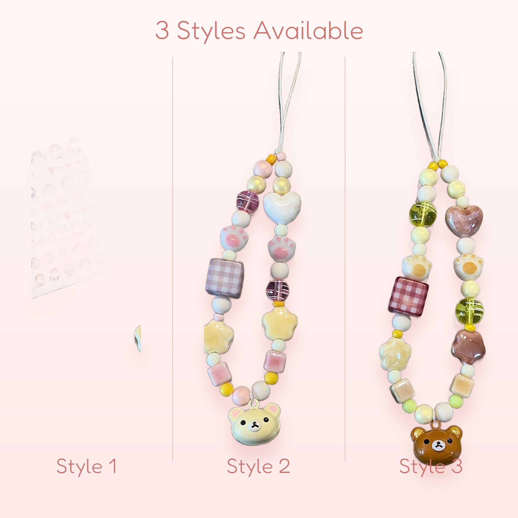 SIMPLYBUBBI — Pastel Bear & Gingham Heart Phone Strap | Kawaii Wrist Lanyard