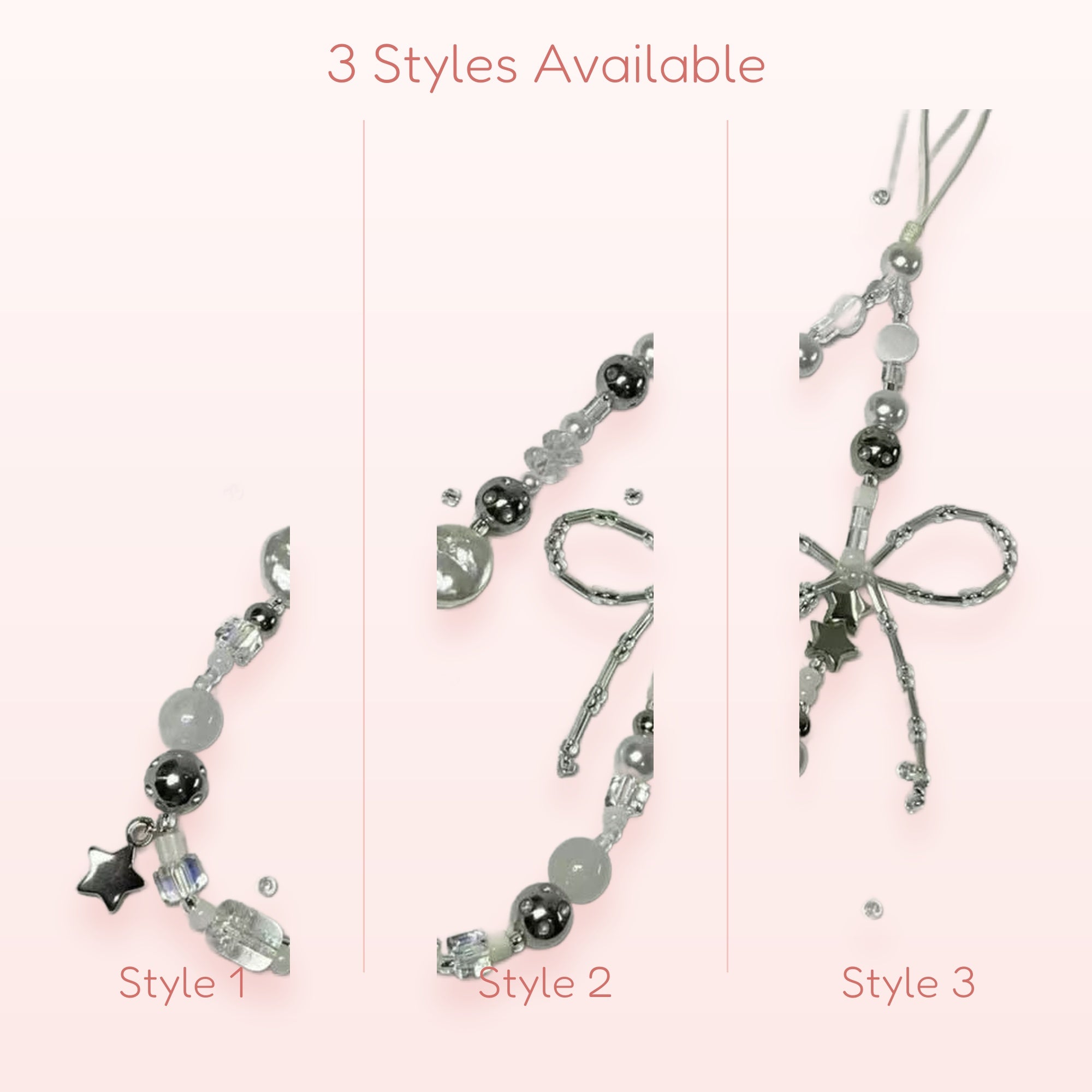 Aesthetic Silver & White Beaded Phone Charm Strap | Cute Star & Bow Wrist Lanyard