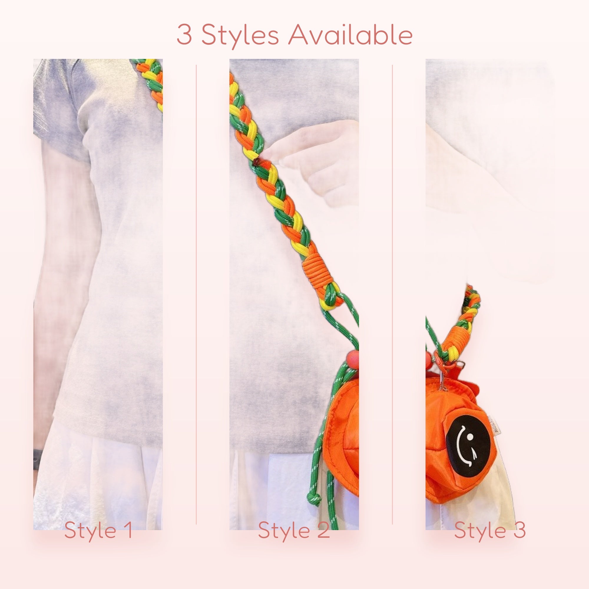 SIMPLYBUBBI — Braided Rainbow Cord Crossbody | Orange Smiley Ball Pouch Lanyard