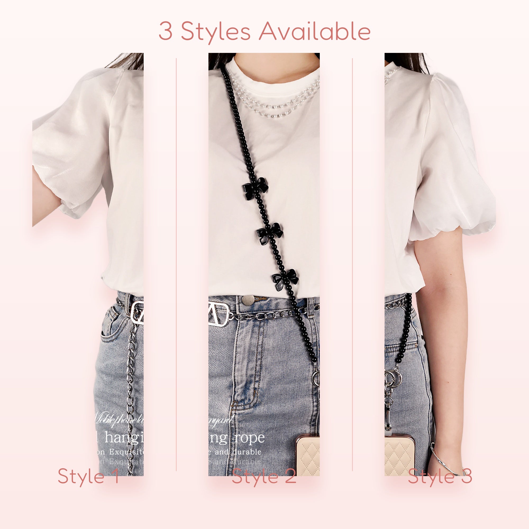 Elegant Black Bow Pearl Phone Lanyard | Chic Beaded Crossbody Phone Strap