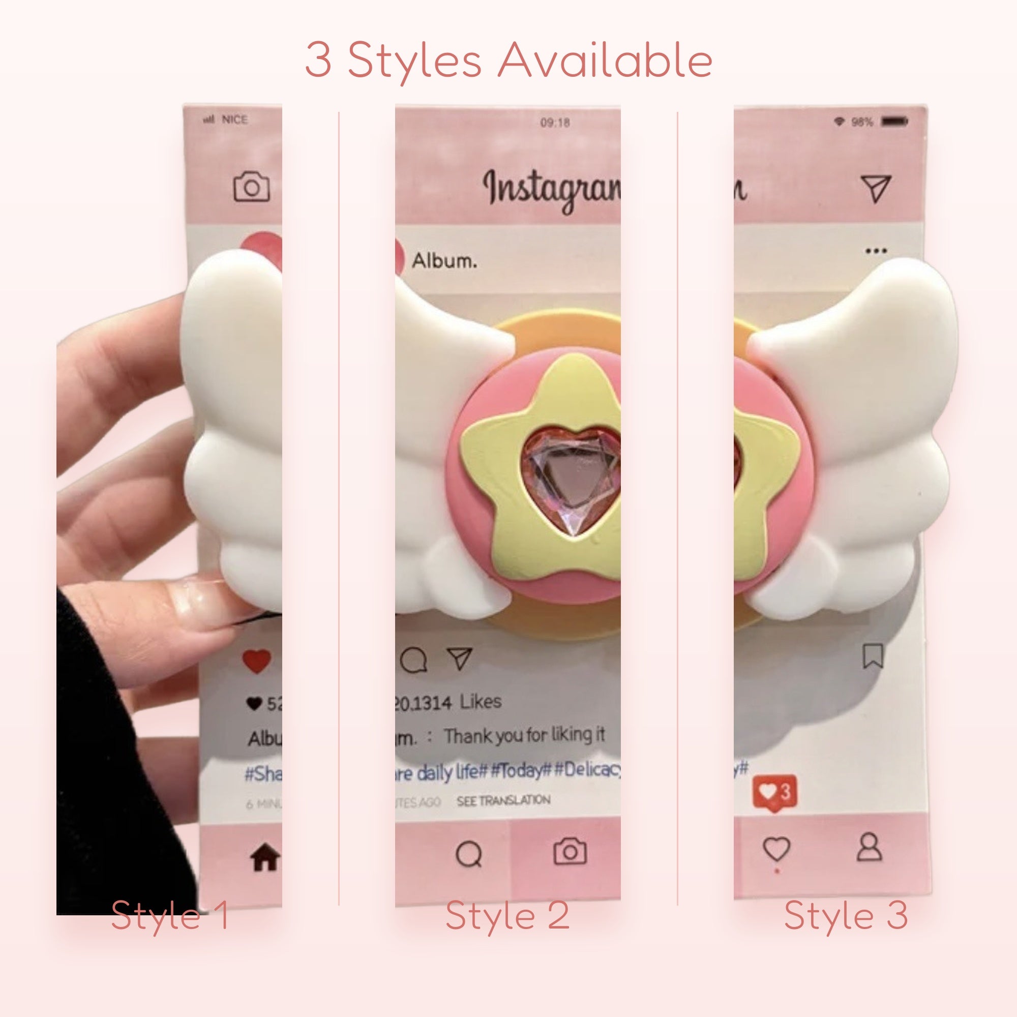 Kawaii Angel Wing Star Phone Grip | Pink Heart Gem Pop Socket Stand