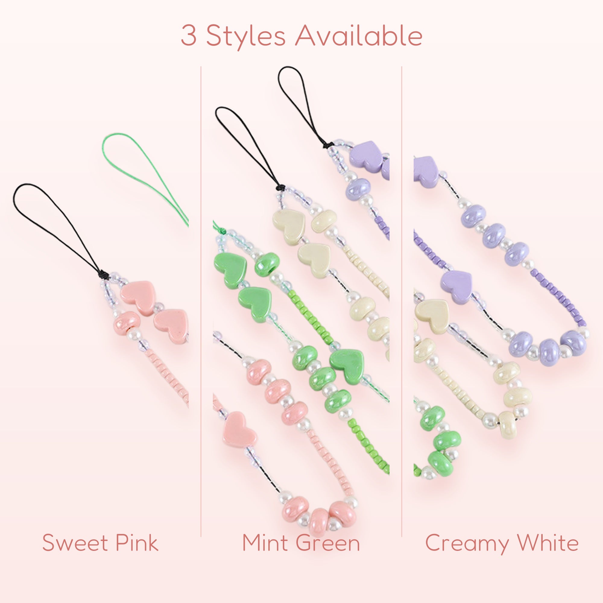 Pastel Heart & Pearl Phone Charm Strap | Cute Beaded Wrist Lanyard