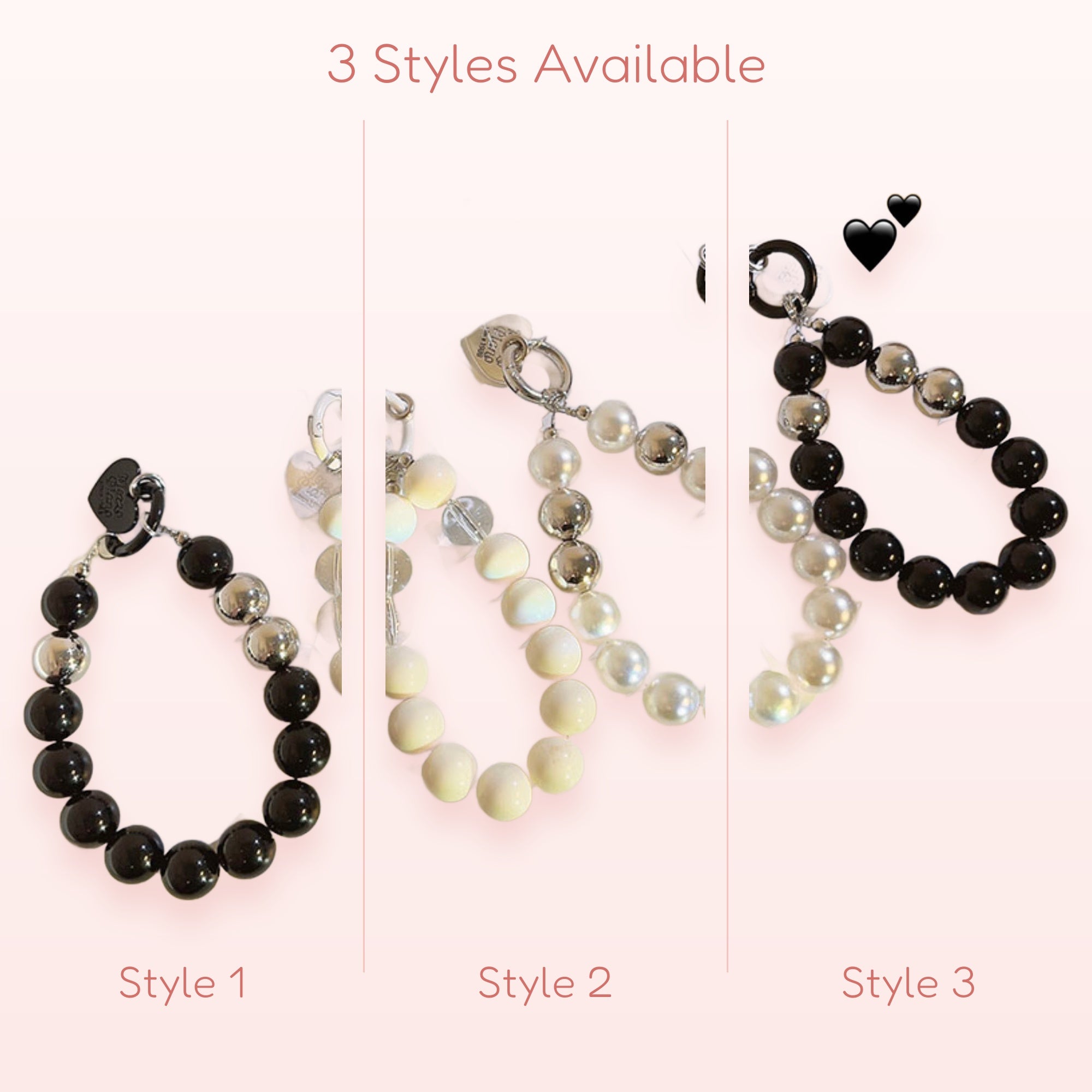 Chic Black & White Pearl Phone Charm | Beaded Wrist Strap with Heart Charm