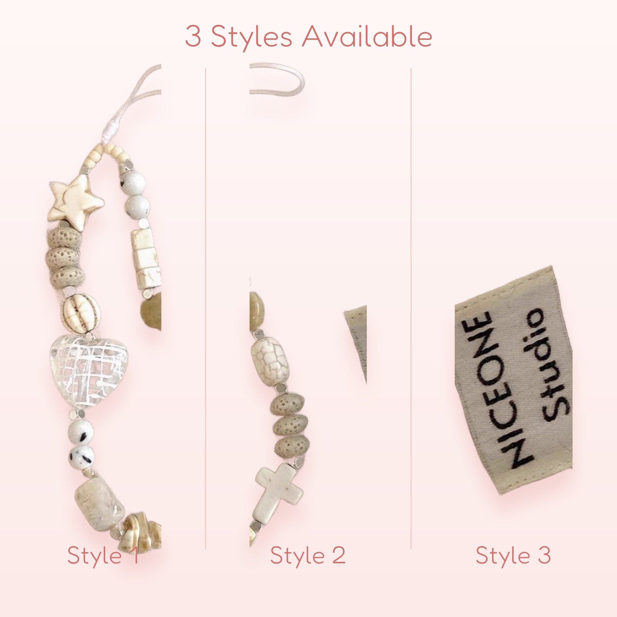 Aesthetic Neutral Beaded Phone Charm | Earthy Tone Star Heart Cross Strap