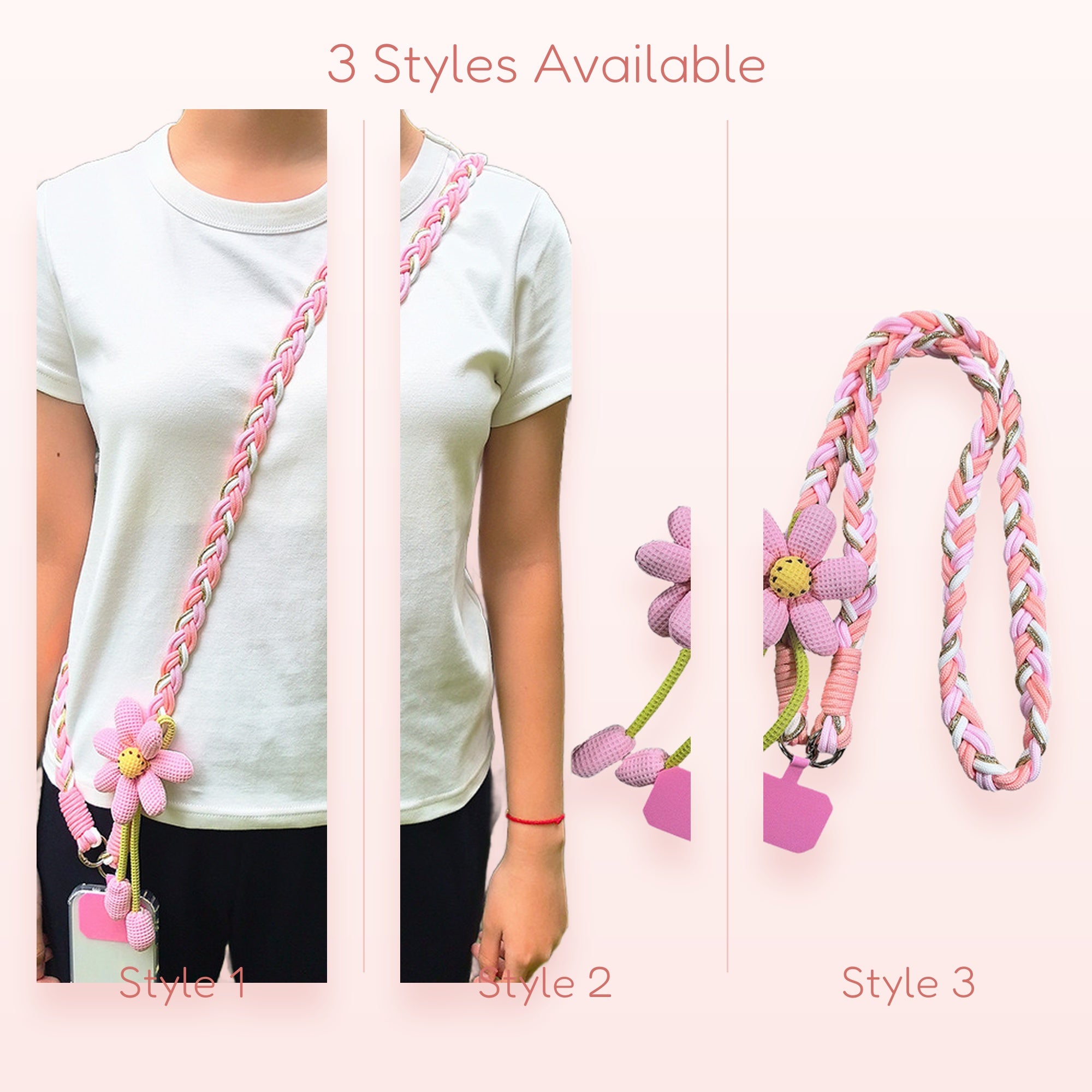 Cute Braided Daisy Phone Lanyard | Pink & Gold Crossbody Phone Strap