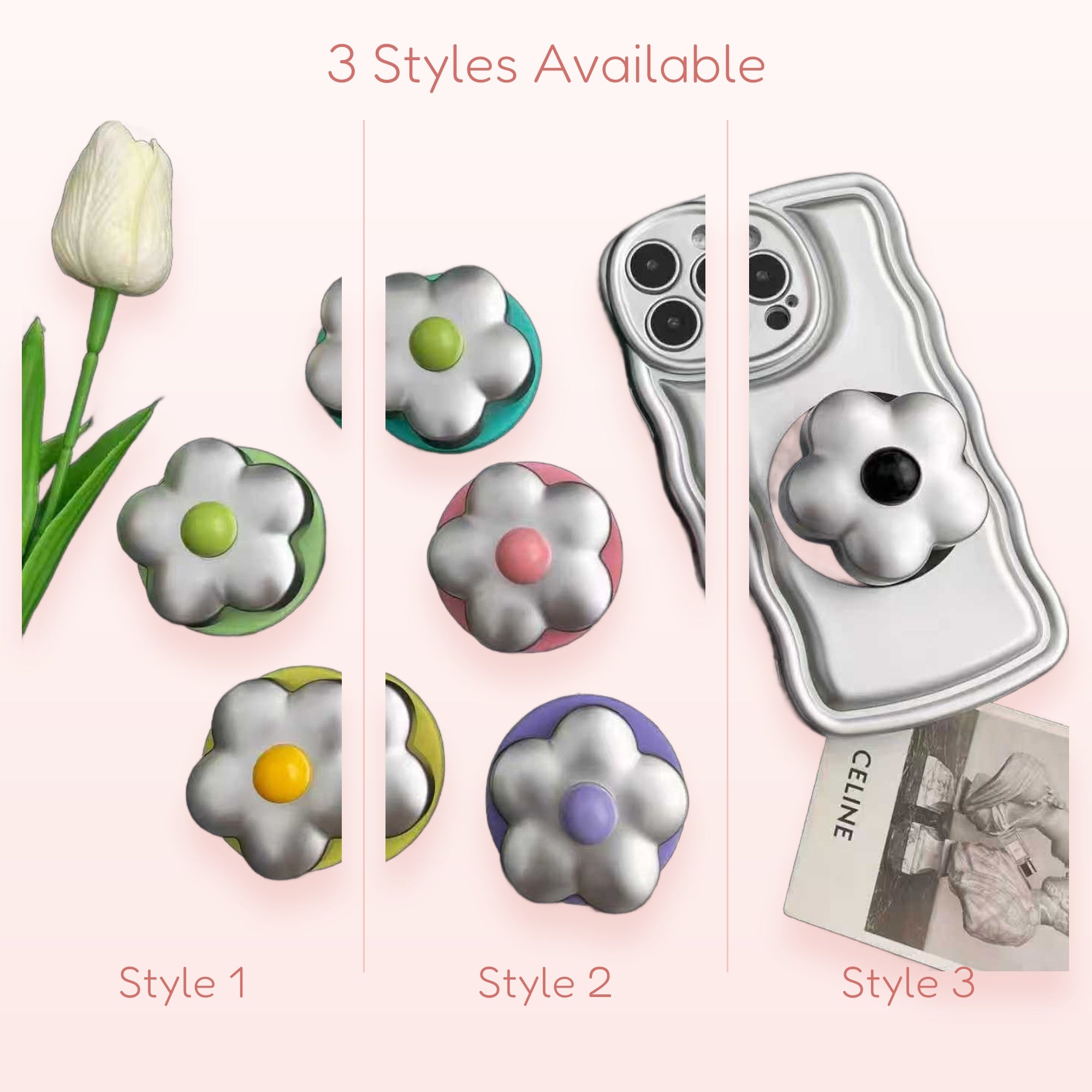 Cute Silver Flower Phone Grip | Y2K Daisy Pop Socket Stand