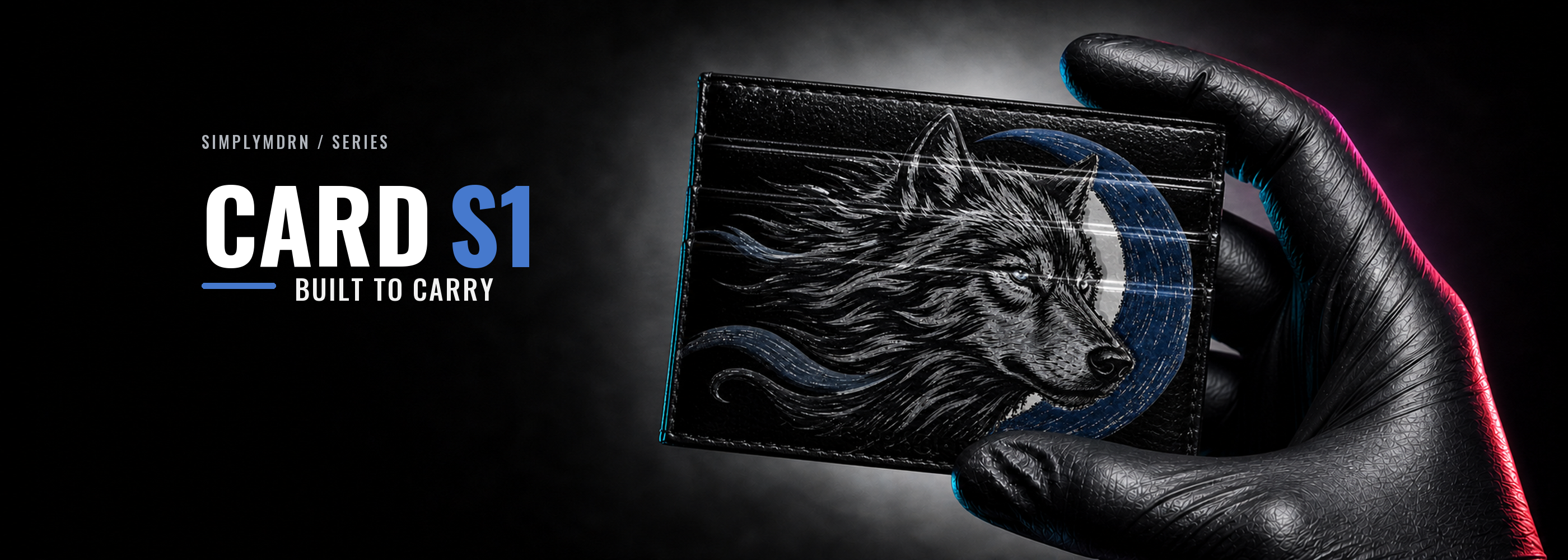 SIMPLYMDRN Night Howl Card S1 wallet held in a black glove