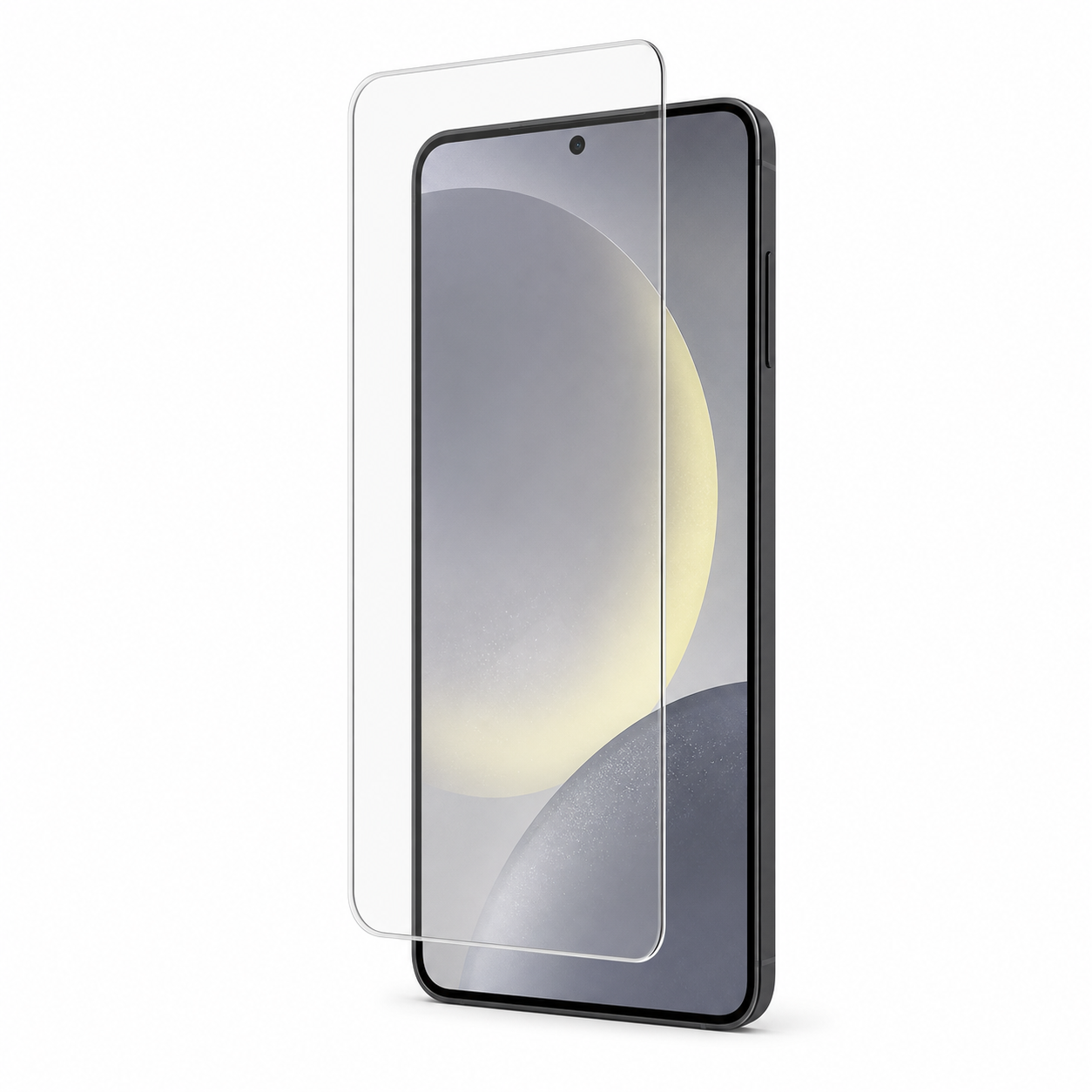 Clear tempered-glass screen protector precisely aligned over a Samsung Galaxy display
