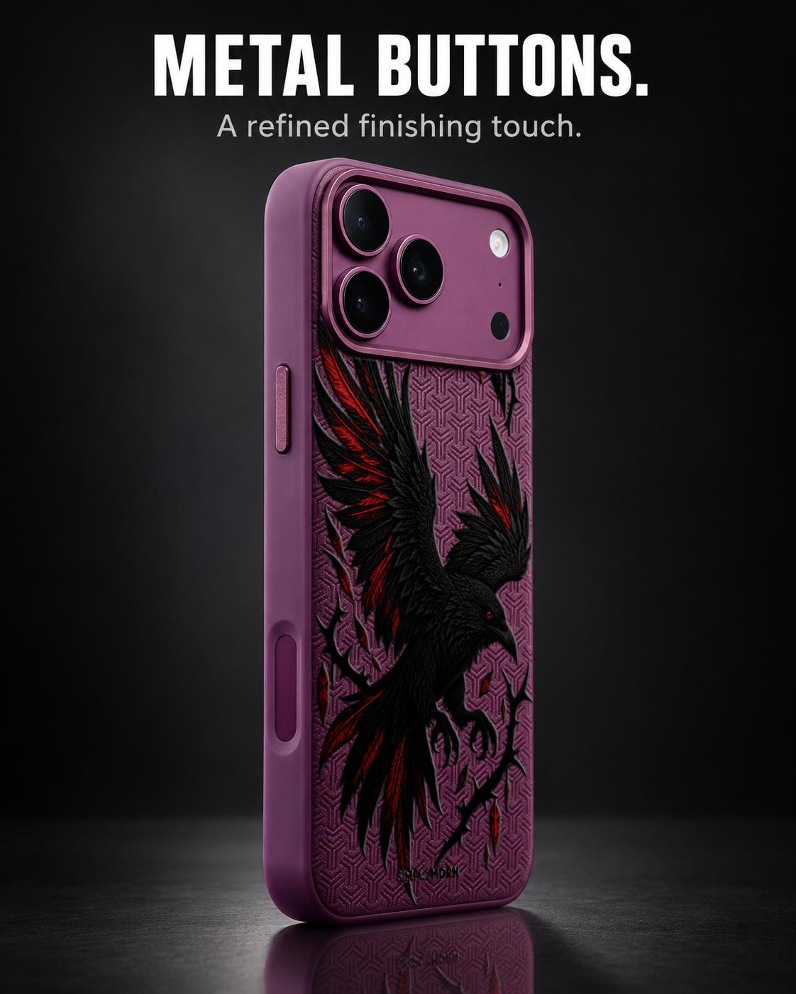 CRIMSON BELFRY LeatherX case in Plum, representative iPhone Pro-style template, view 2