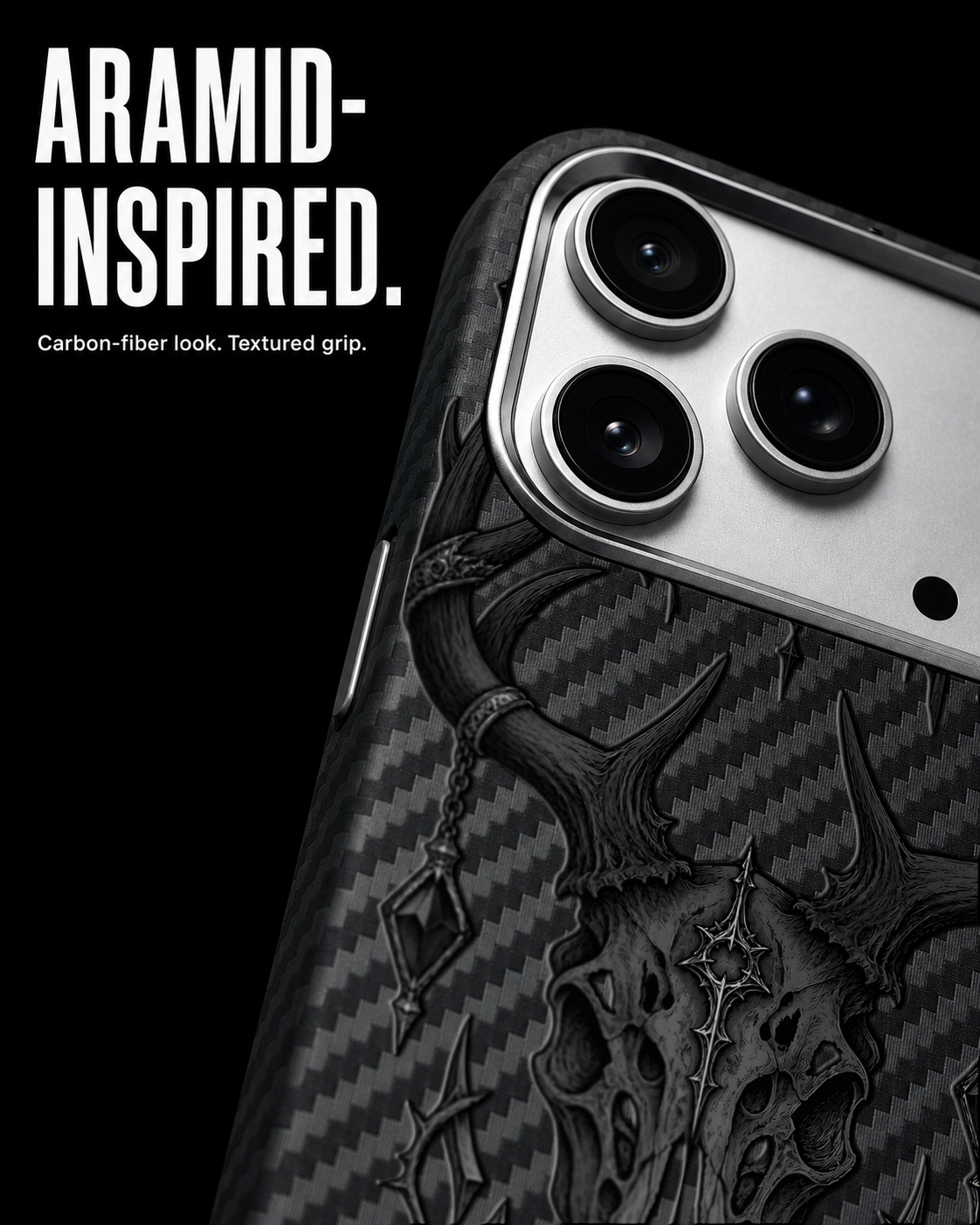 Ashen Vigil artwork on a Black Carbon [S1] case, iPhone 17 Pro, view 4