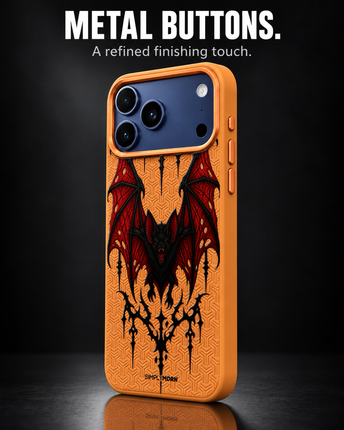 DUSK REVENANT LeatherX case in Orange, representative iPhone Pro-style template, view 2