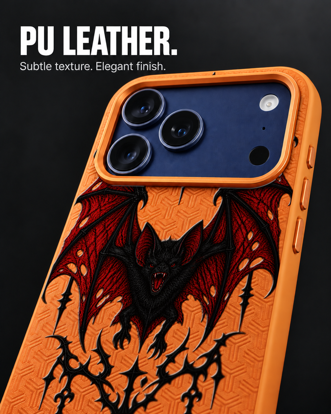 DUSK REVENANT LeatherX case in Orange, representative iPhone Pro-style template, view 3
