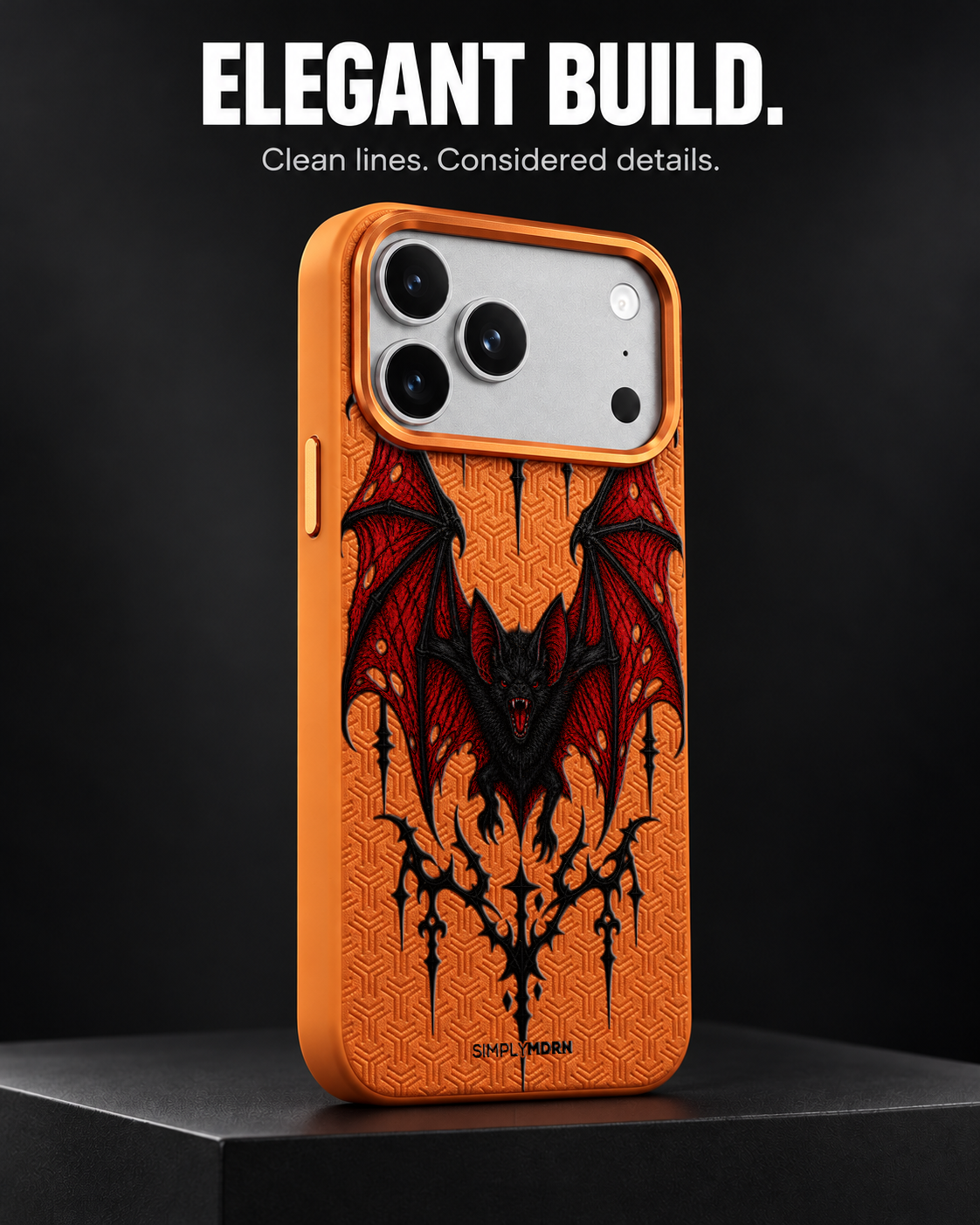 DUSK REVENANT LeatherX case in Orange, representative iPhone Pro-style template, view 4