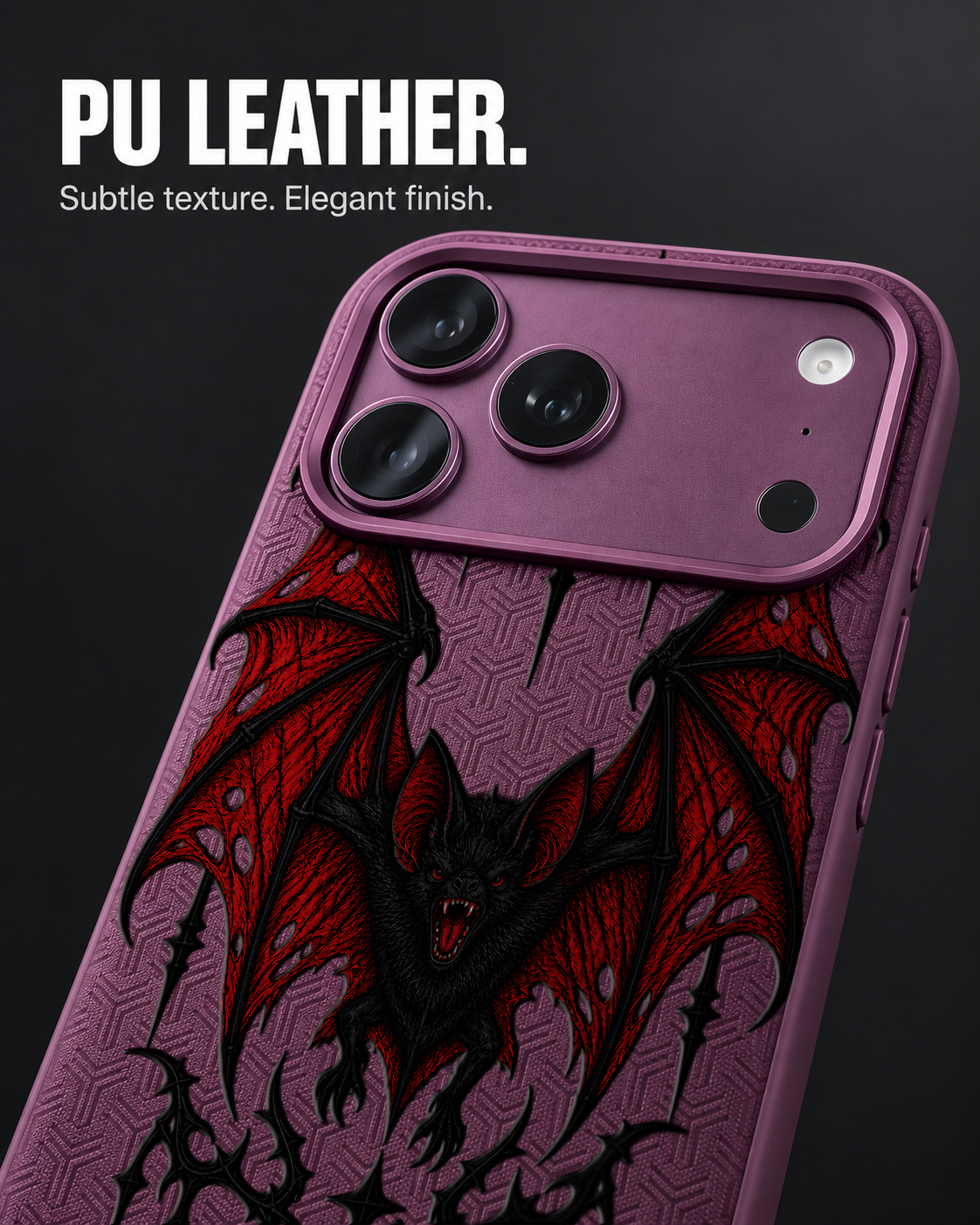 DUSK REVENANT LeatherX case in Plum, representative iPhone Pro-style template, view 3