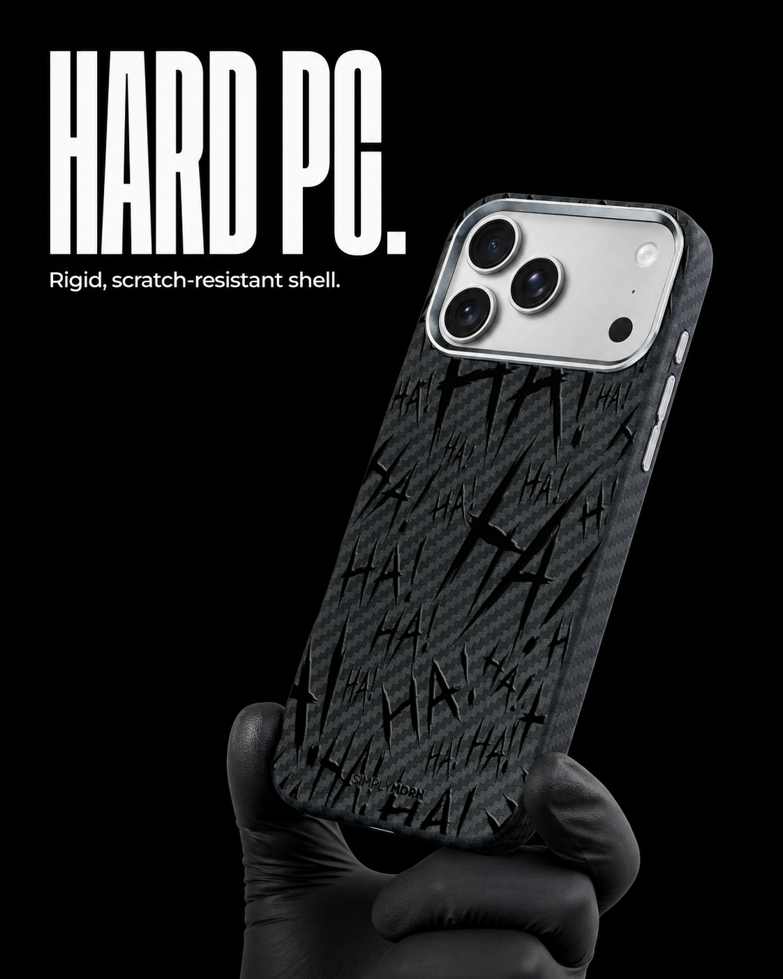 Jokester Noir: black scattered HA brush lettering on the Carbon case, view 3