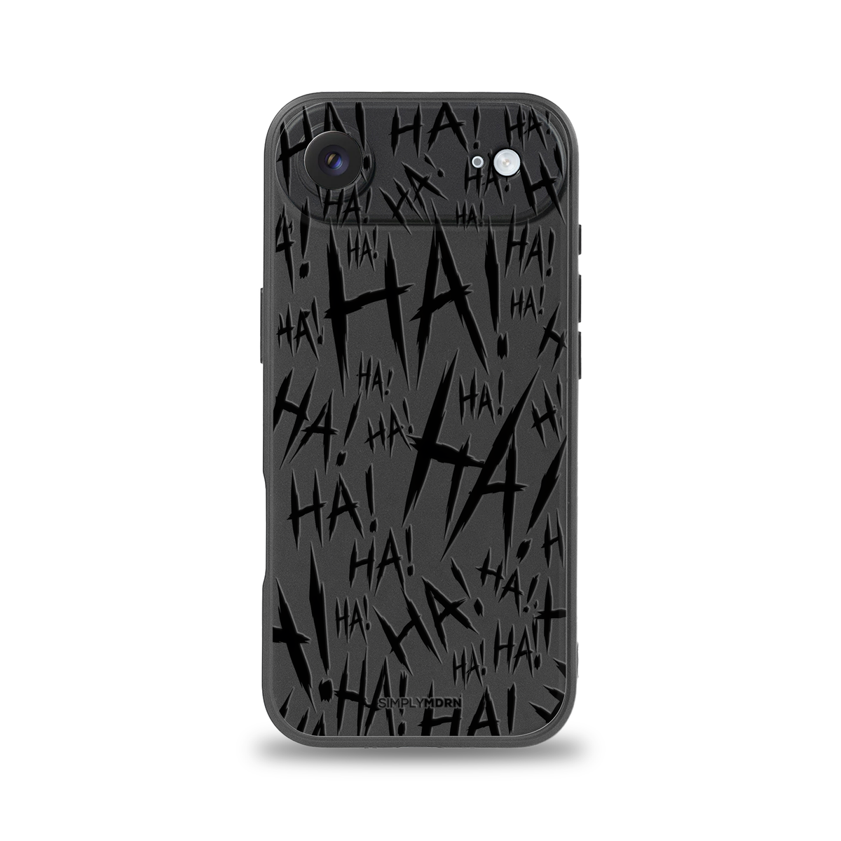 Jokester Noir: black scattered HA brush lettering on the black Slim case, view 1