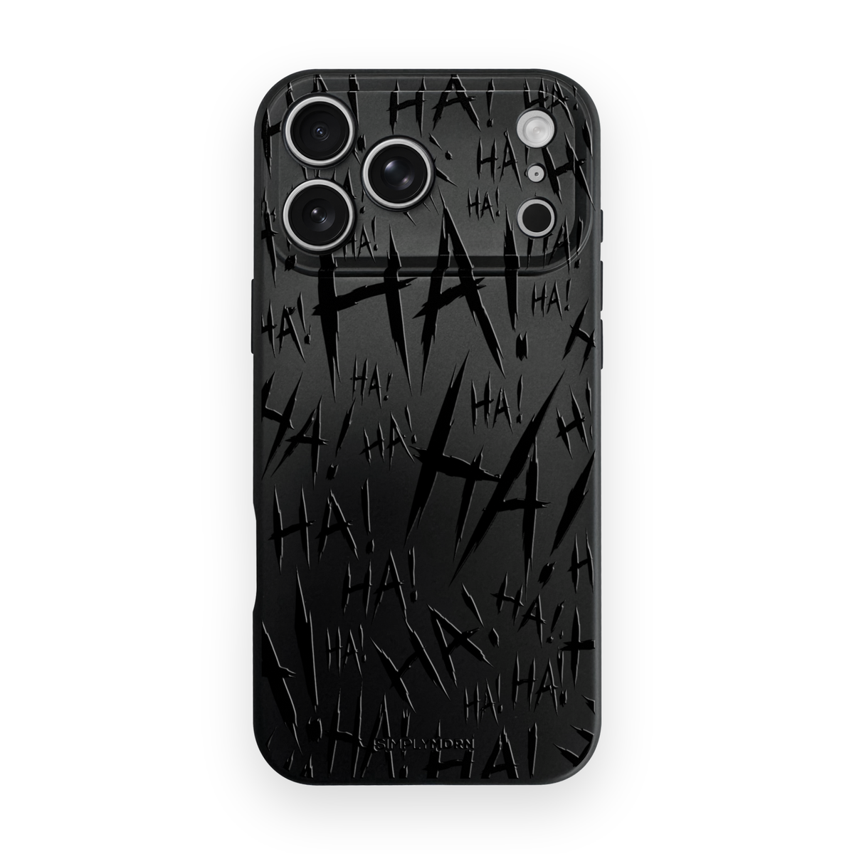 Jokester Noir: black scattered HA brush lettering on the black Slim case, view 1