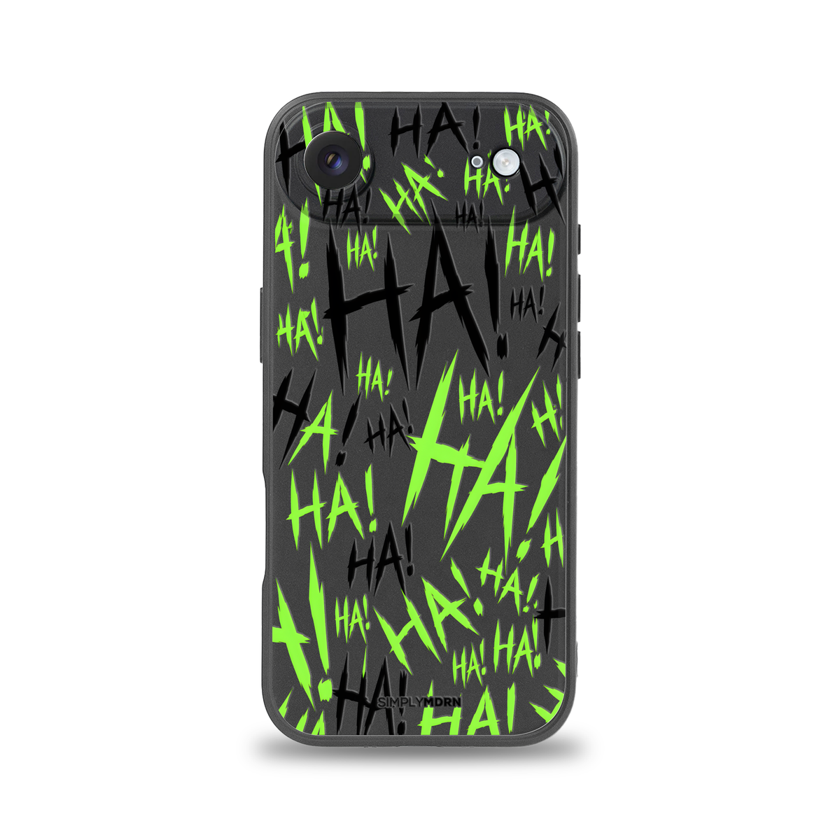 Jokester Midori: green scattered HA brush lettering on the black Slim case, view 1