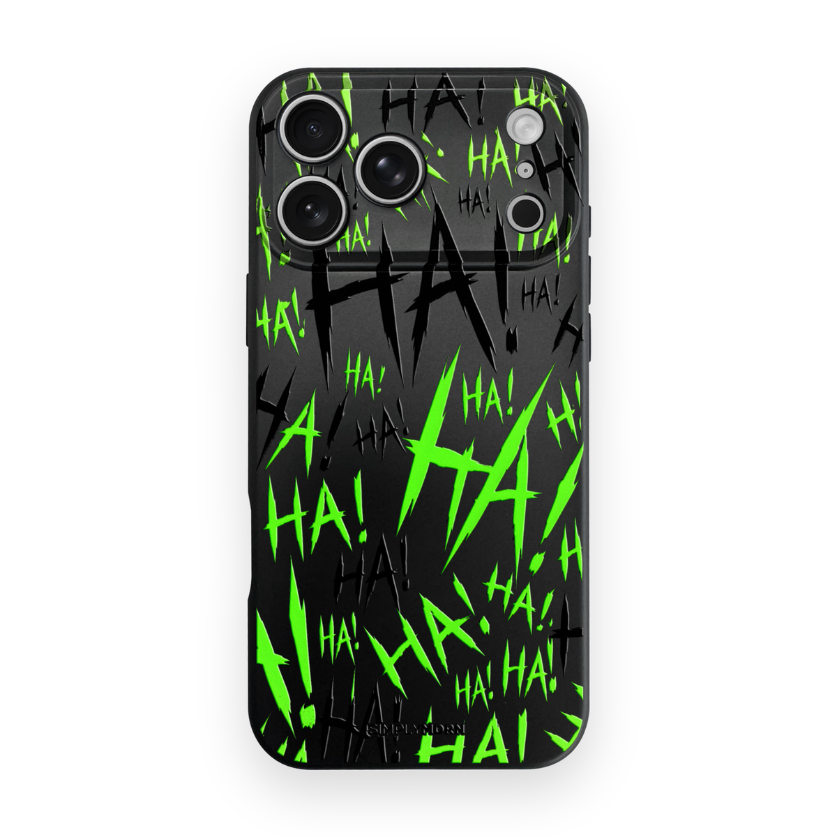 Jokester Midori: green scattered HA brush lettering on the black Slim case, view 1