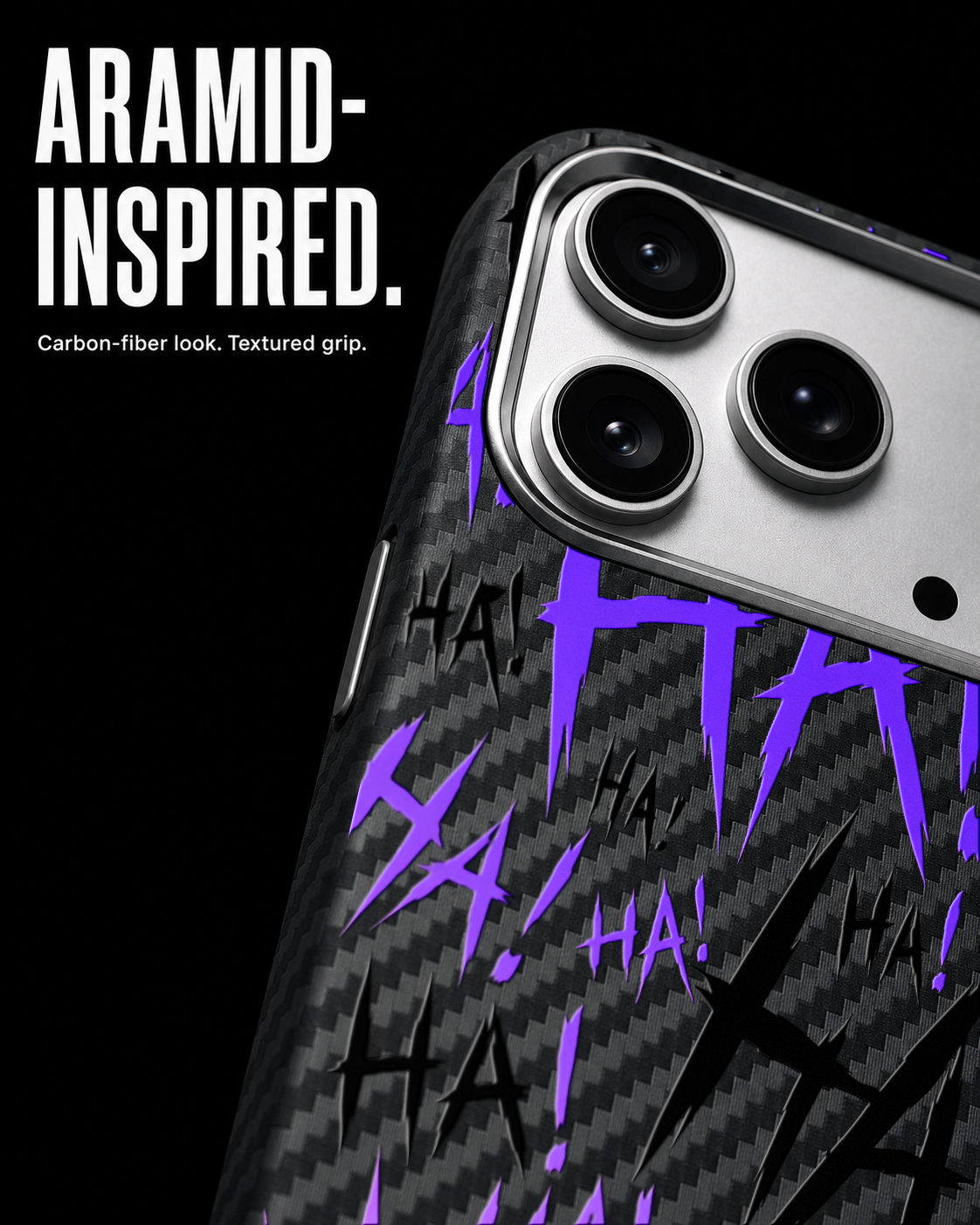 Jokester Murasaki: purple scattered HA brush lettering on the Carbon case, view 4
