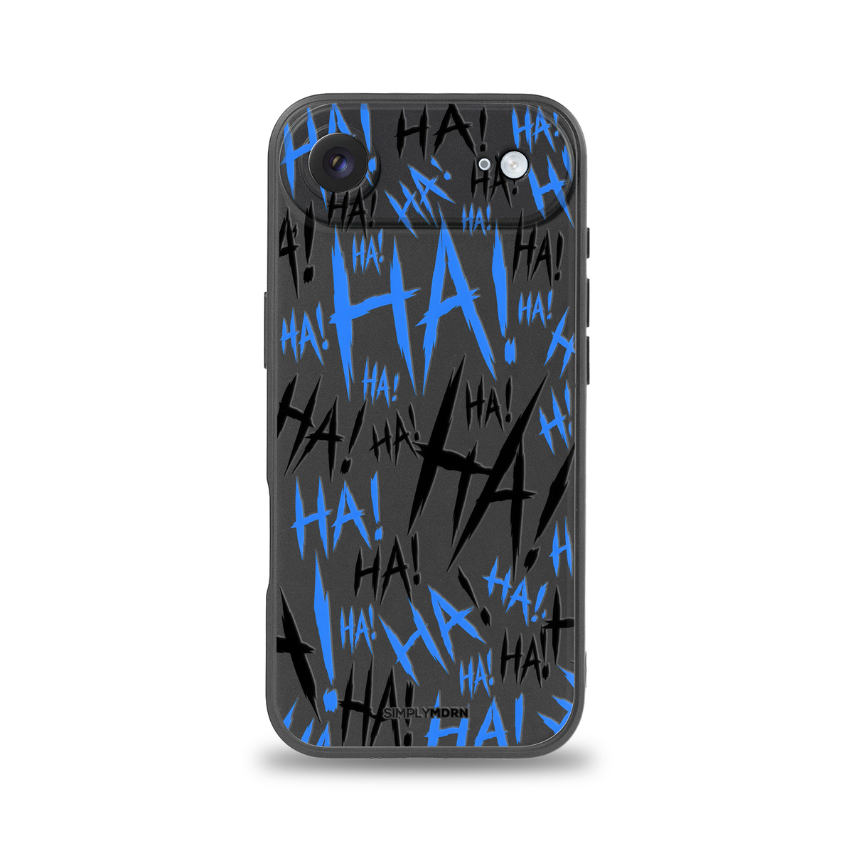 Jokester Azul: blue scattered HA brush lettering on the black Slim case, view 1