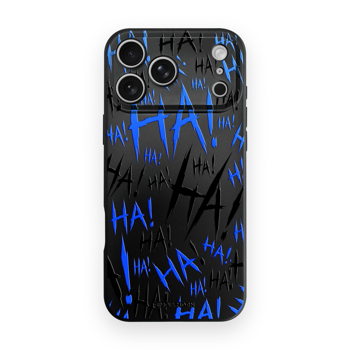 Jokester Azul: blue scattered HA brush lettering on the black Slim case, view 1
