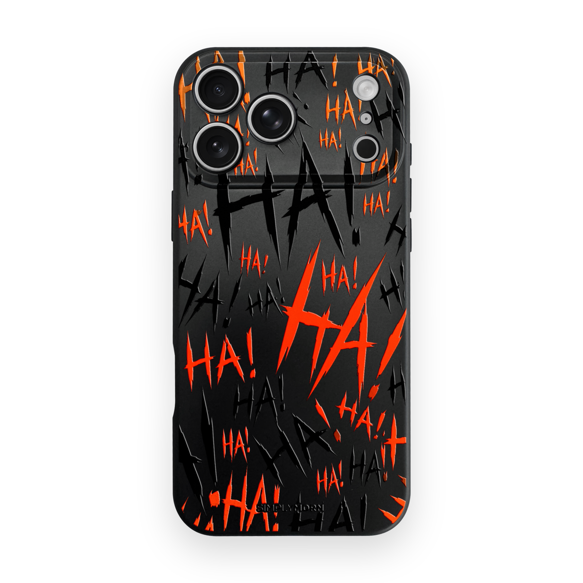 Jokester Arancio: orange scattered HA brush lettering on the black Slim case, view 1