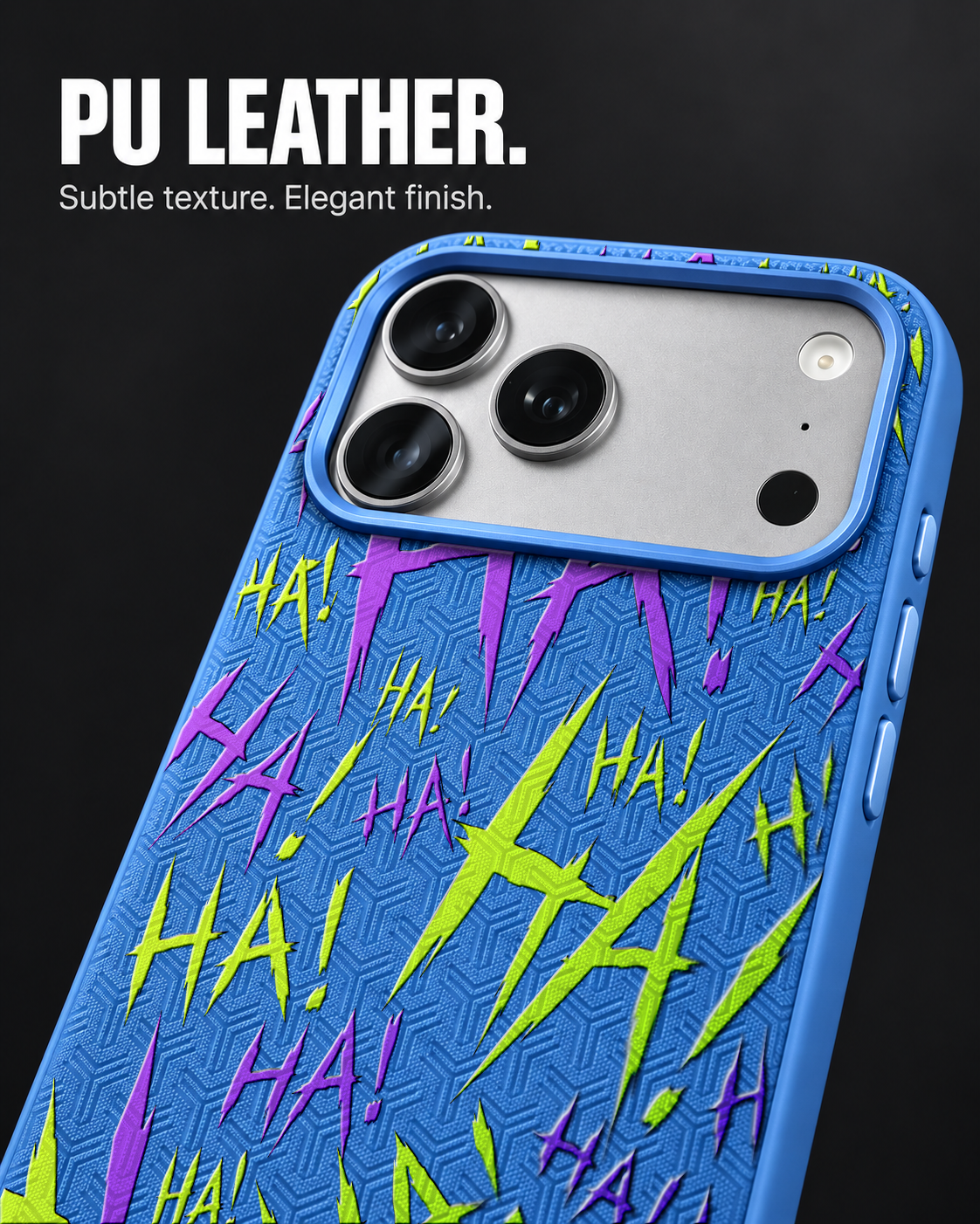 JOKESTER CHARTREUSE LeatherX case in Blue, representative iPhone Pro-style template, view 3