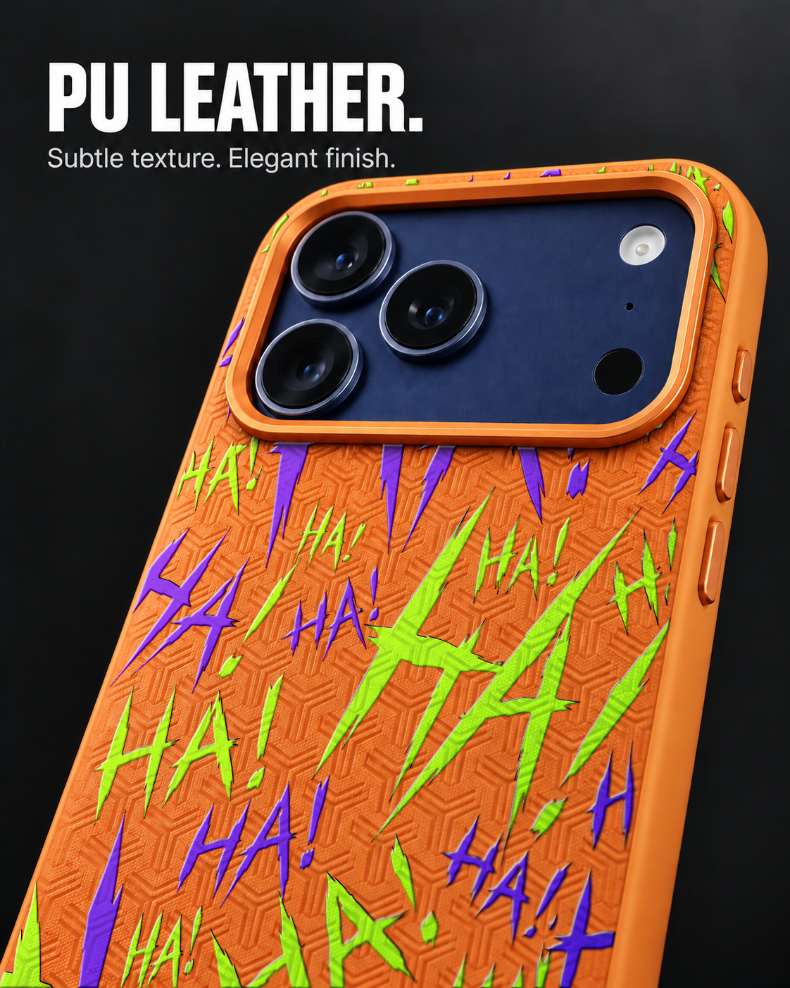 JOKESTER CHARTREUSE LeatherX case in Orange, representative iPhone Pro-style template, view 3