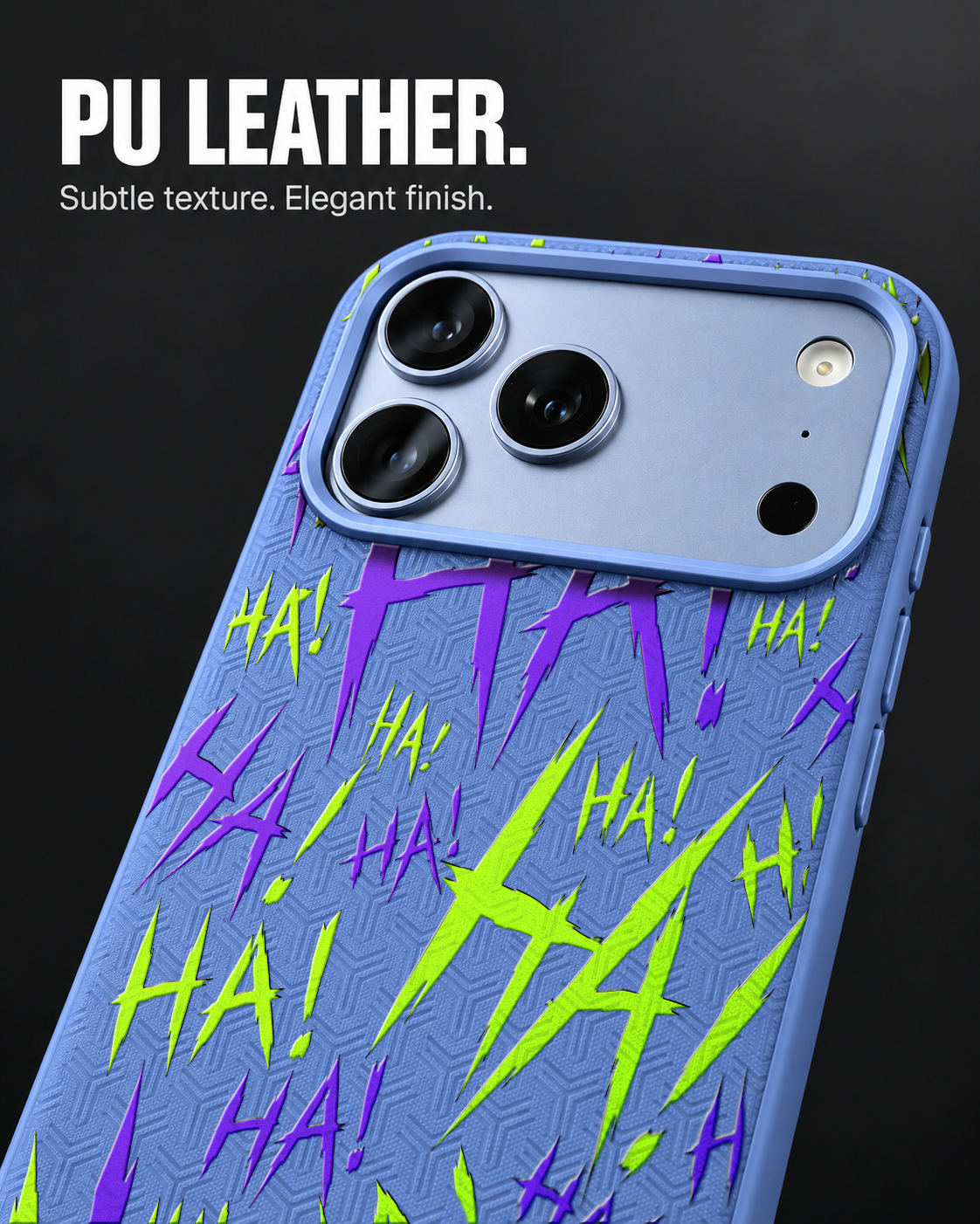 JOKESTER CHARTREUSE LeatherX case in Periwinkle, representative iPhone Pro-style template, view 3