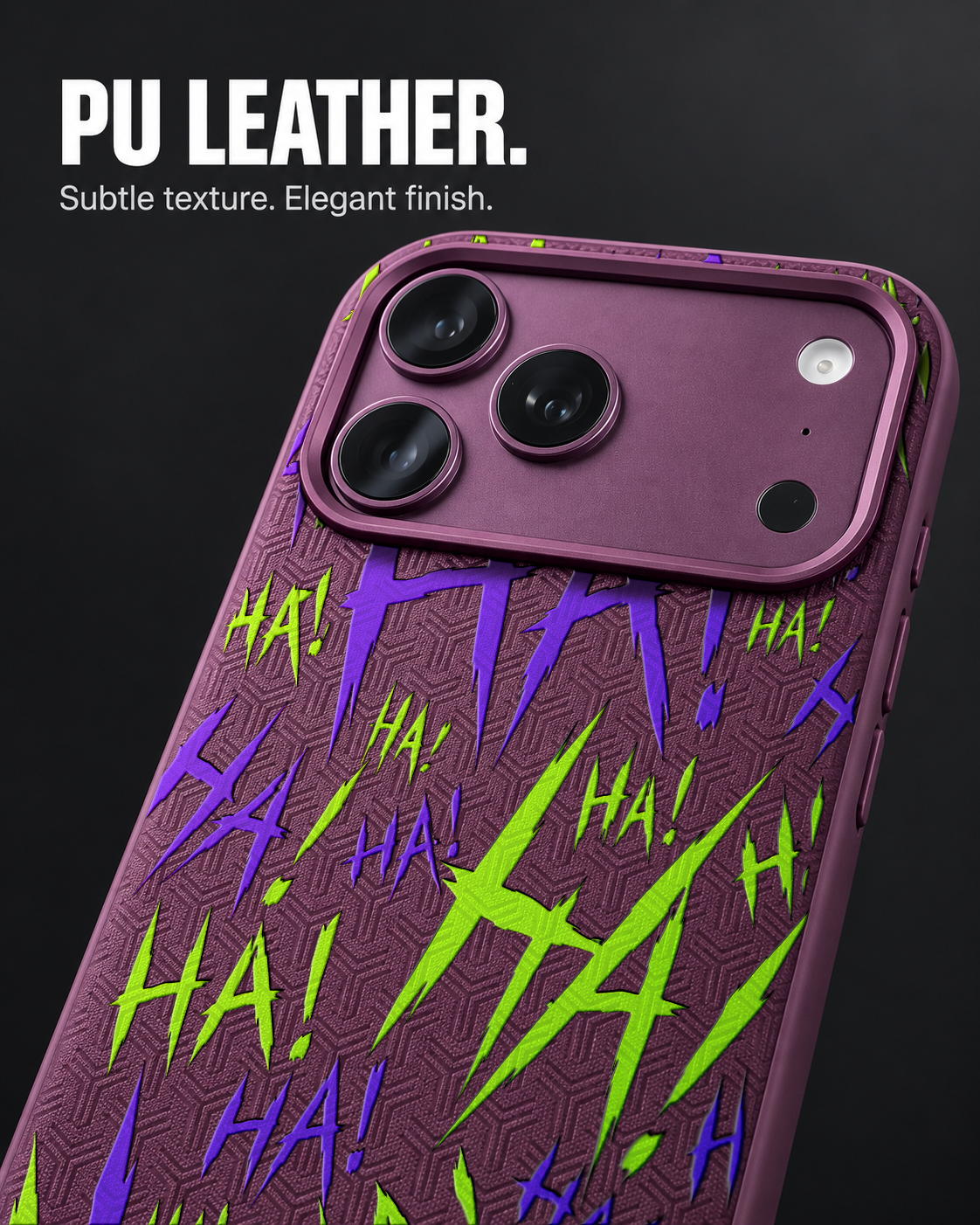JOKESTER CHARTREUSE LeatherX case in Plum, representative iPhone Pro-style template, view 3