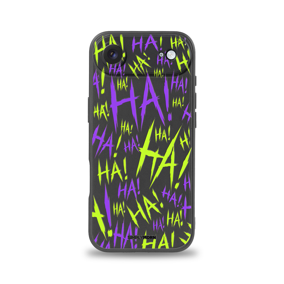 Jokester Chartreuse: chartreuse green scattered HA brush lettering on the black Slim case, view 1