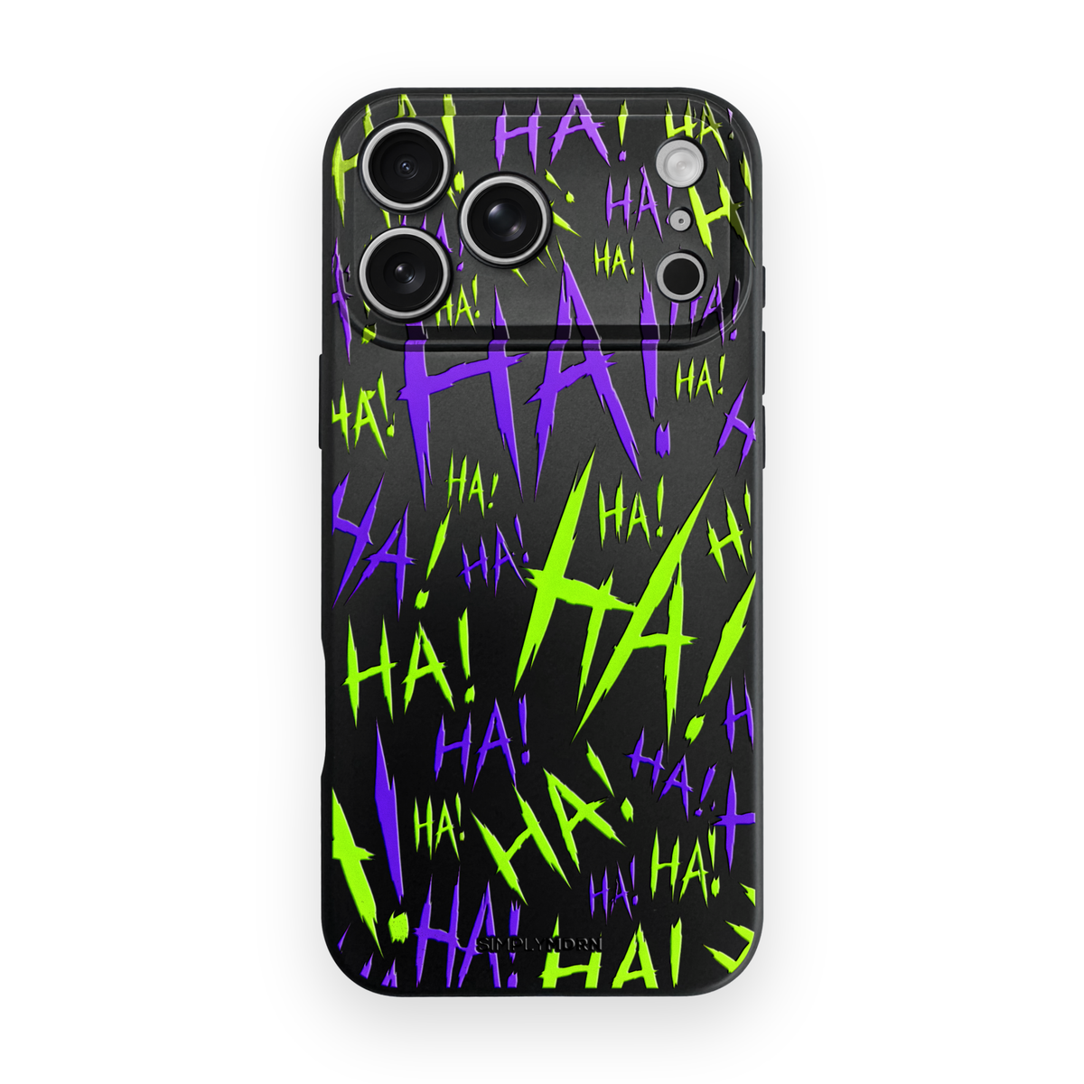 Jokester Chartreuse: chartreuse green scattered HA brush lettering on the black Slim case, view 1