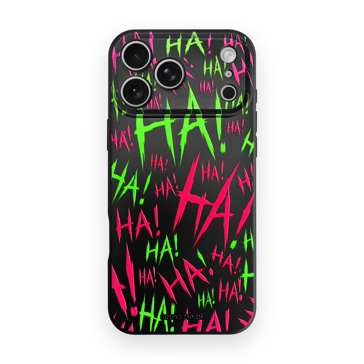 Jokester Fucsia: fuchsia pink scattered HA brush lettering on the black Slim case, view 1