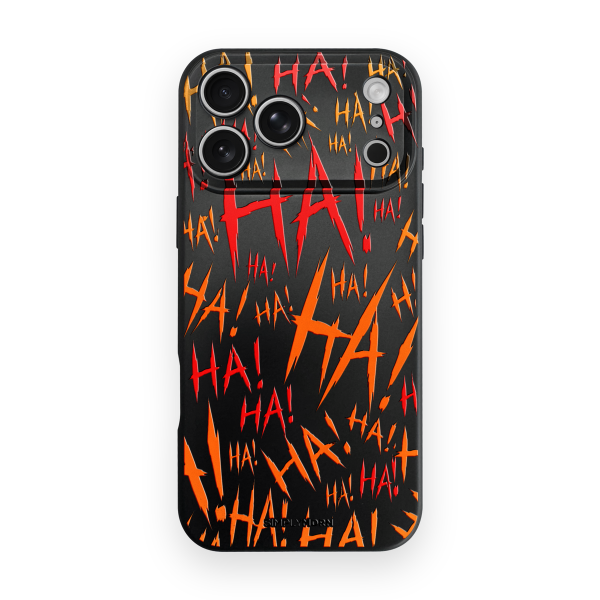 Jokester Vermillon: vermilion red scattered HA brush lettering on the black Slim case, view 1