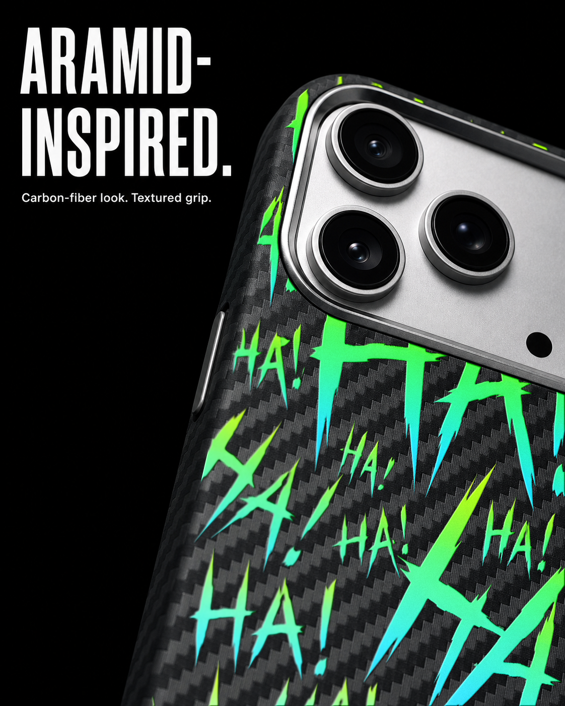 Jokester Aigue-Marine: aquamarine scattered HA brush lettering on the Carbon case, view 4